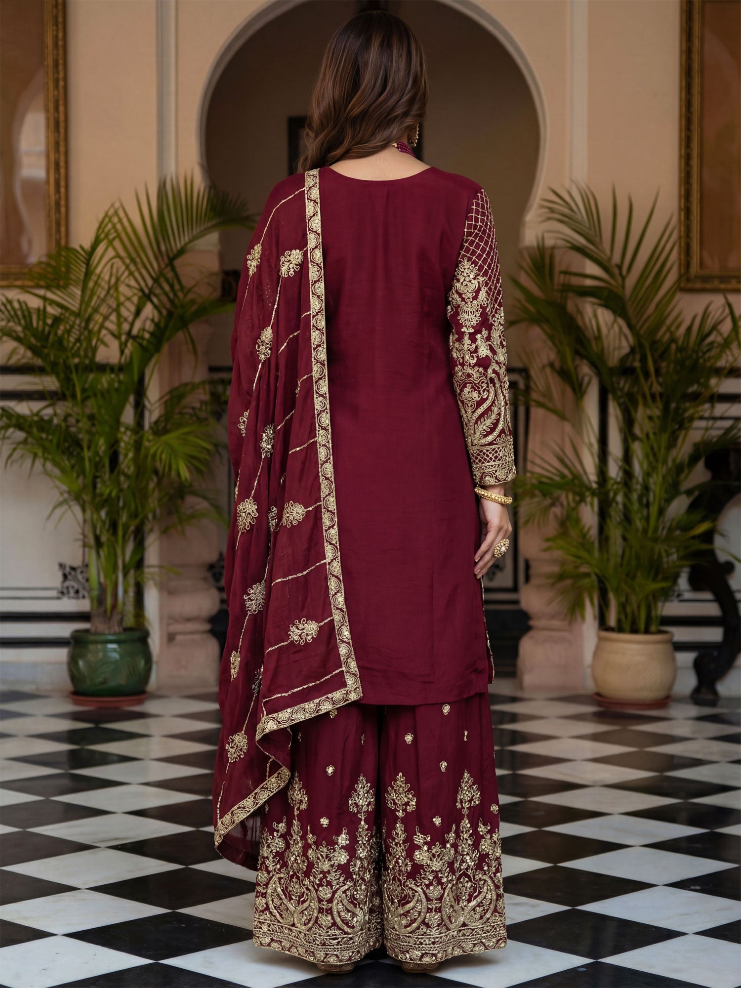 Maroon Full Sleeved Embroidered Salwar Suit