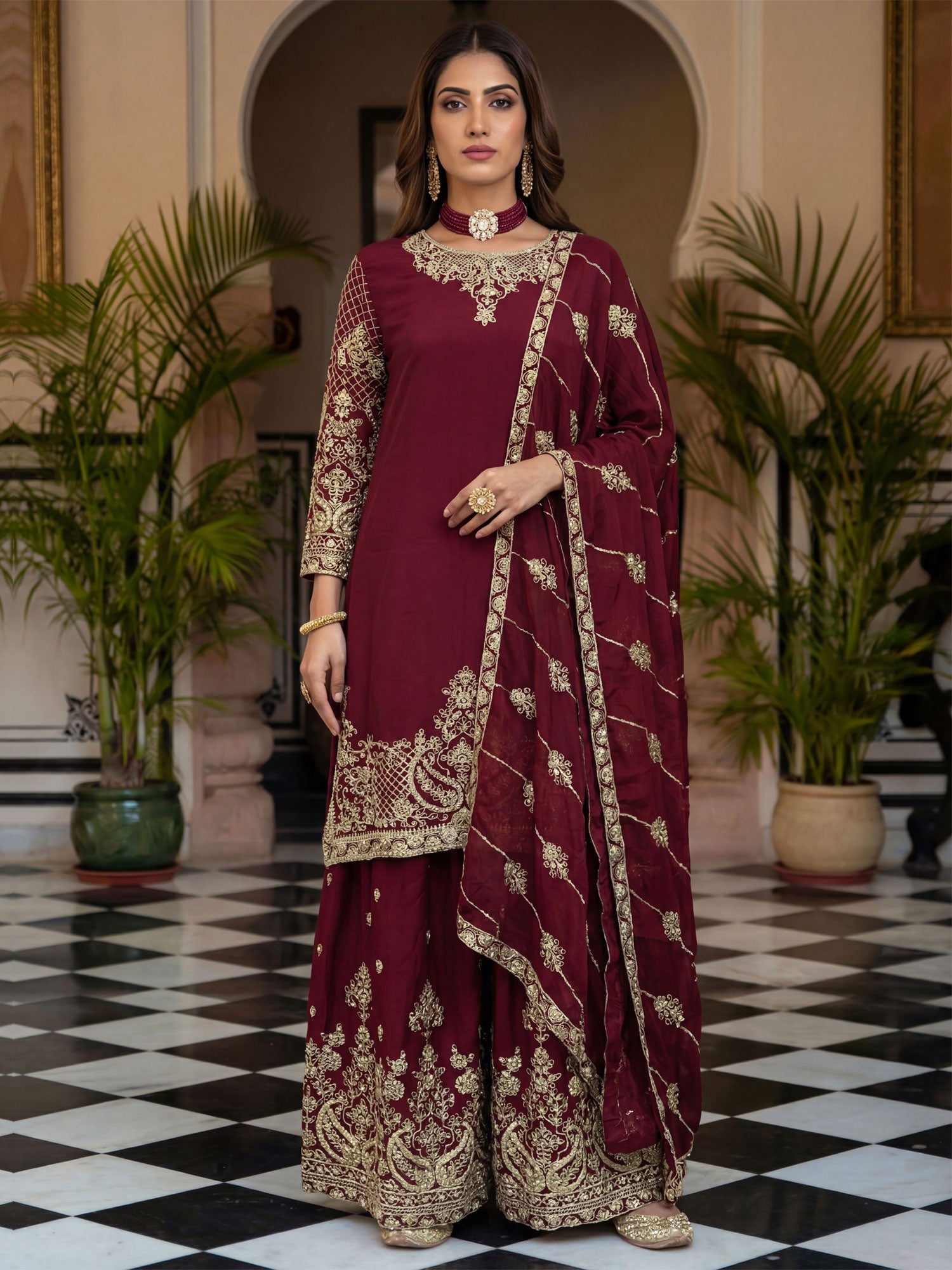 Maroon Full Sleeved Embroidered Salwar Suit