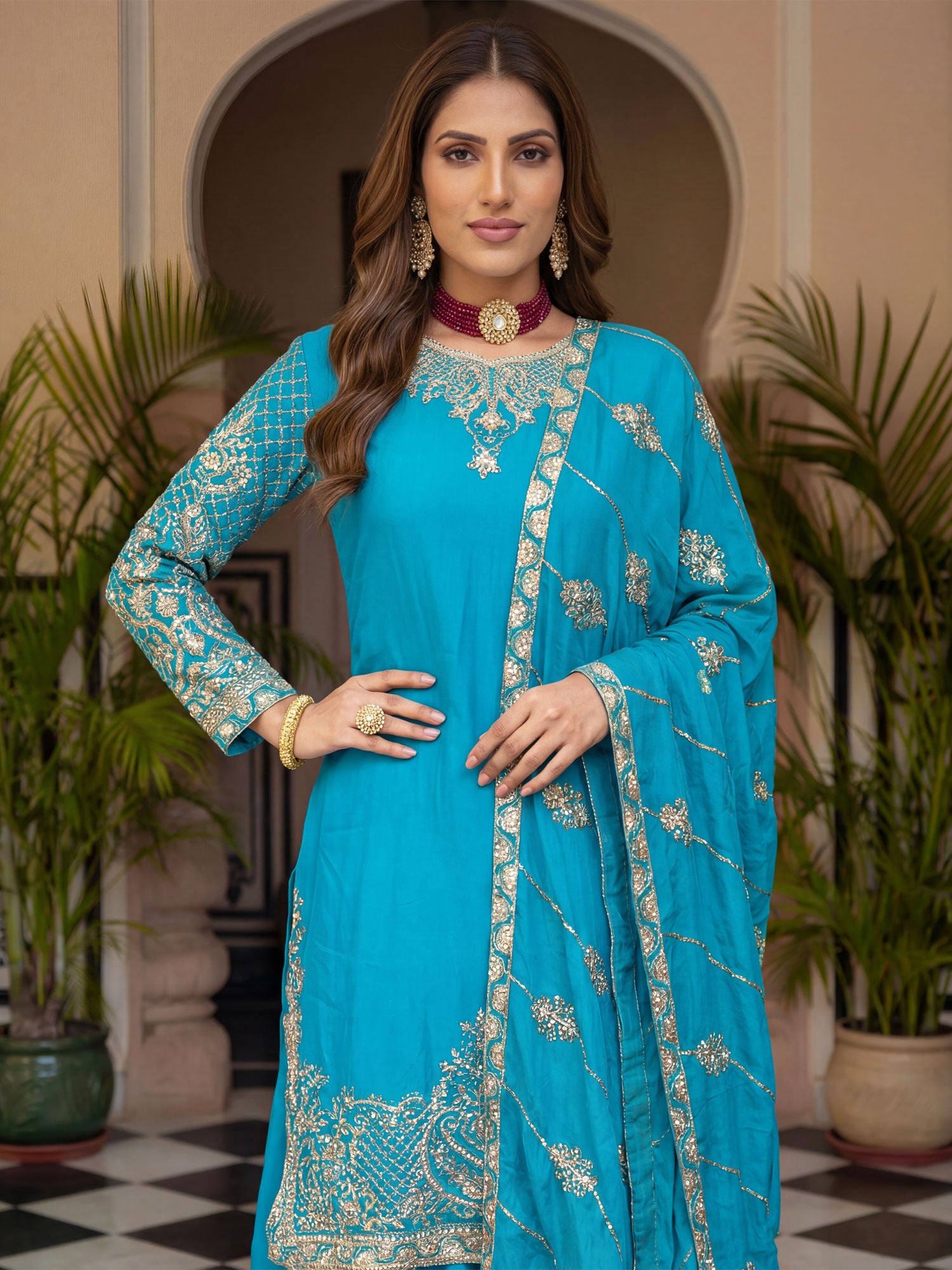 Sky Blue Readymade Salwar Suit In Chinon Silk