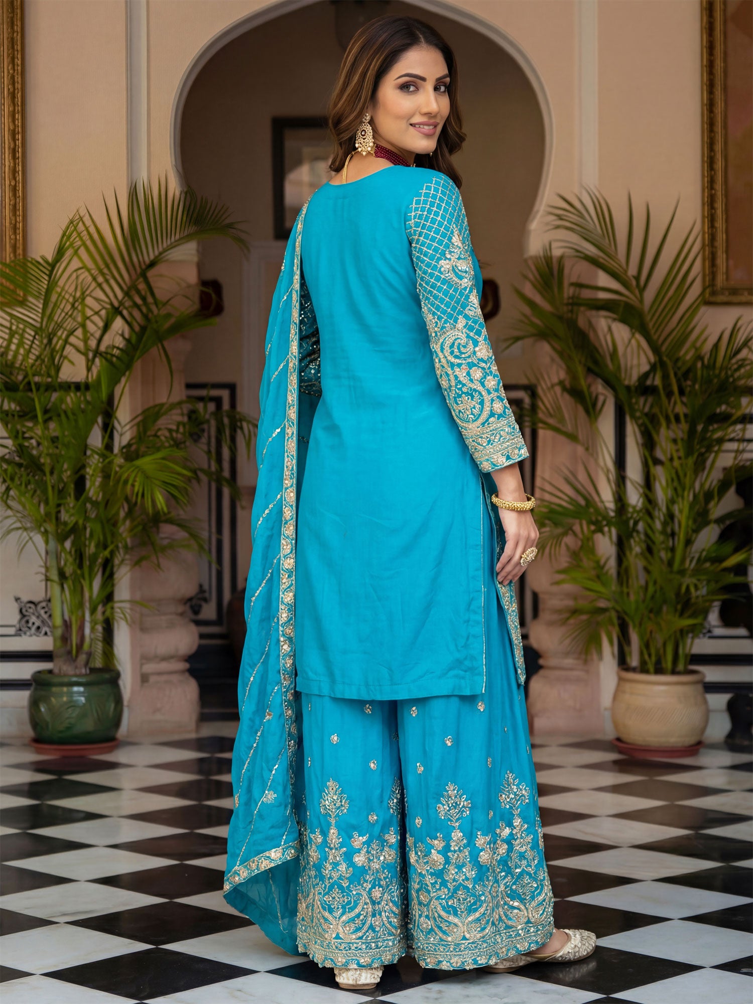 Sky Blue Readymade Salwar Suit In Chinon Silk