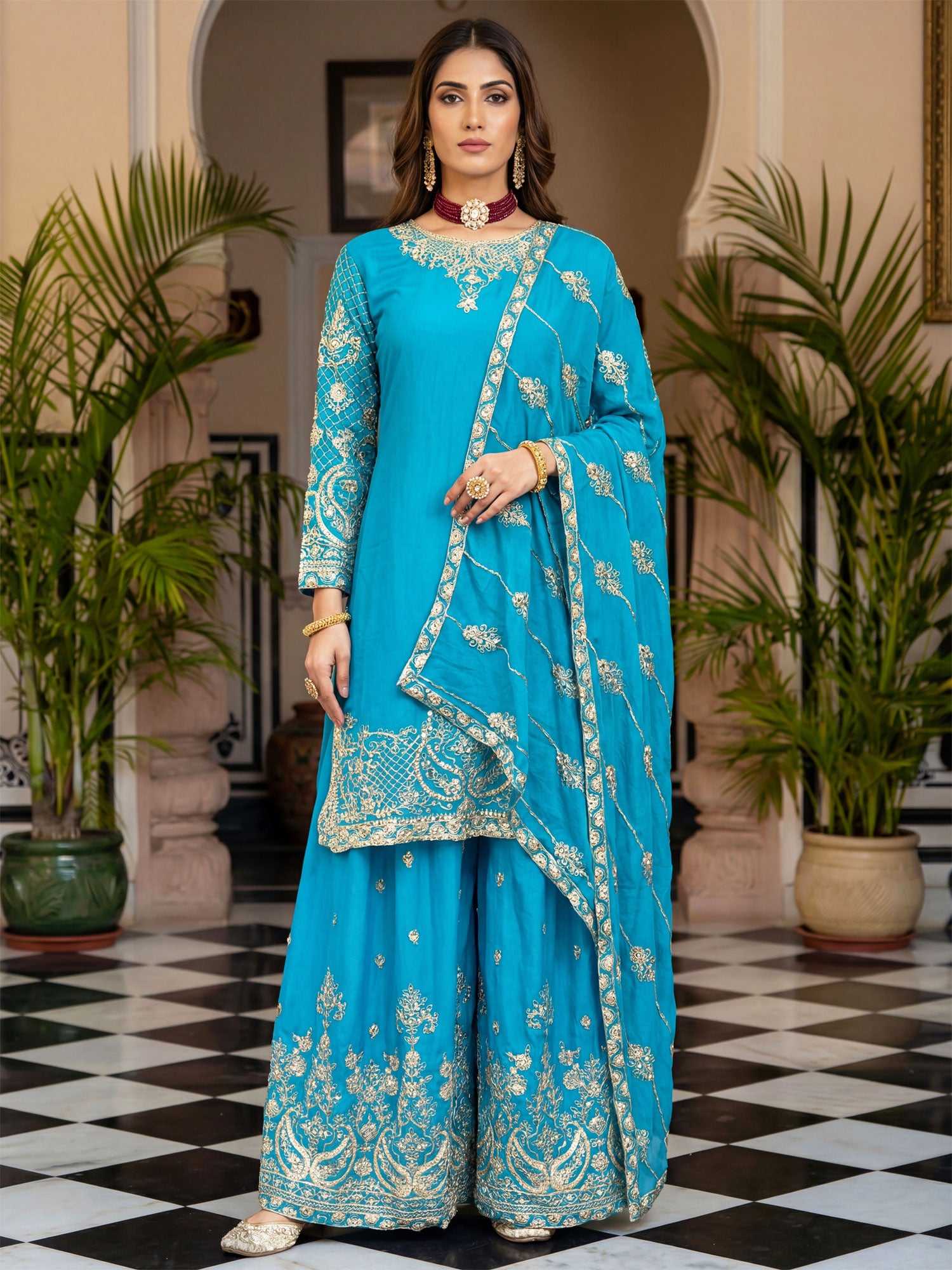 Sky Blue Readymade Salwar Suit In Chinon Silk