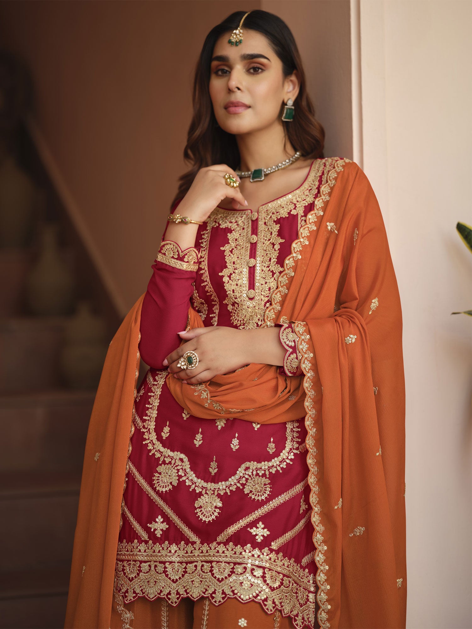 Cherry Red Pakistani Salwar Suit In Palazzo Style