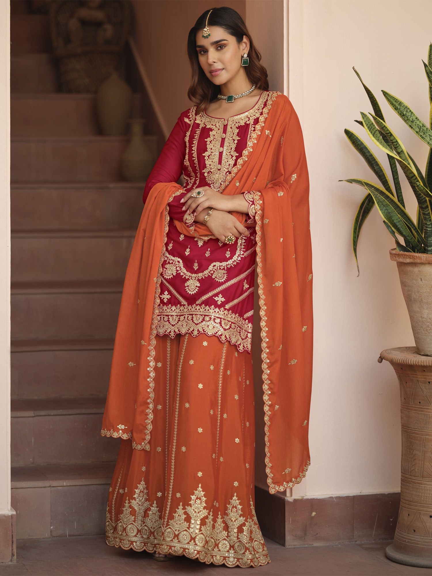 Cherry Red Pakistani Salwar Suit In Palazzo Style