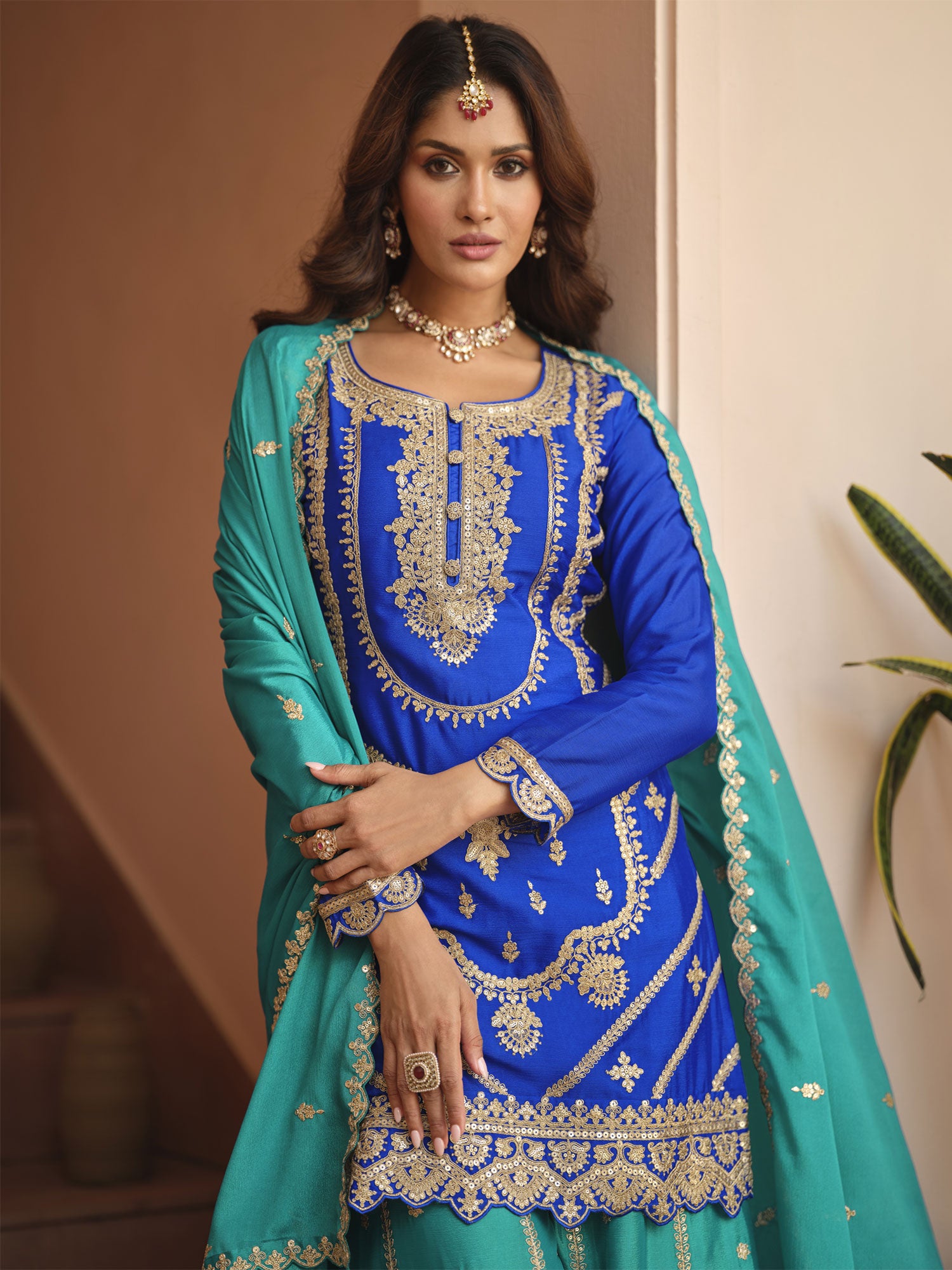 Blue Pakistani Style Salwar Suit In Chinon Silk