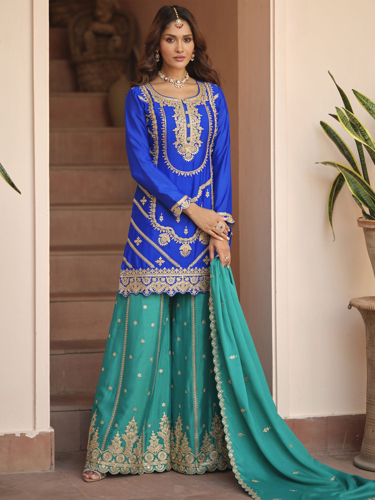 Blue Pakistani Style Salwar Suit In Chinon Silk