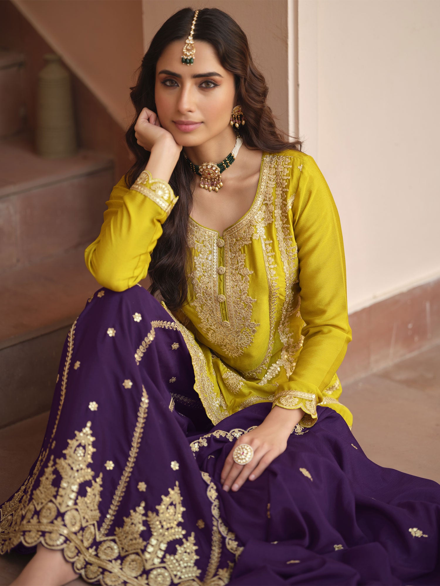Yellow Zari Work Embroidered Silk Salwar Suit