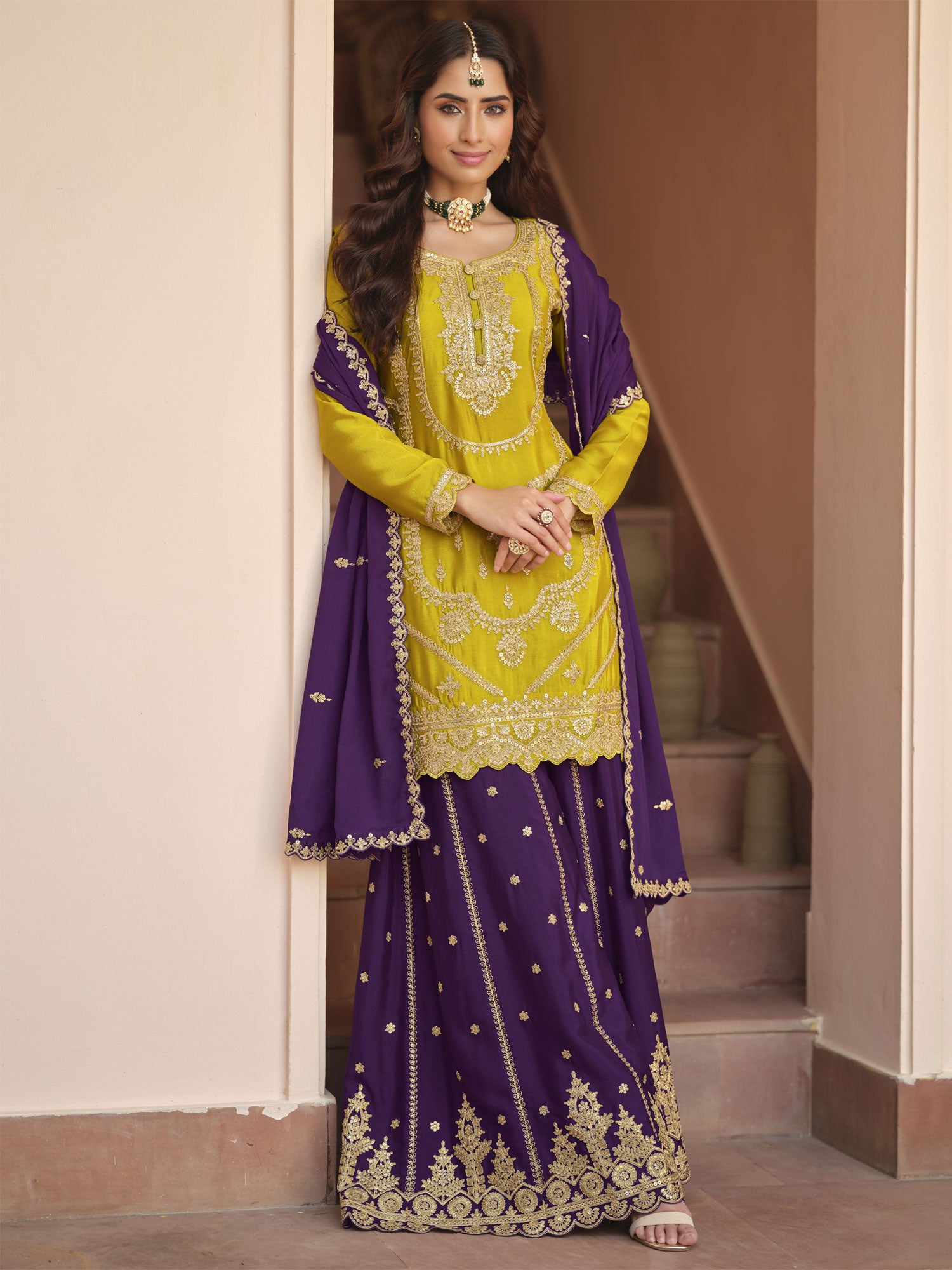 Yellow Zari Work Embroidered Silk Salwar Suit