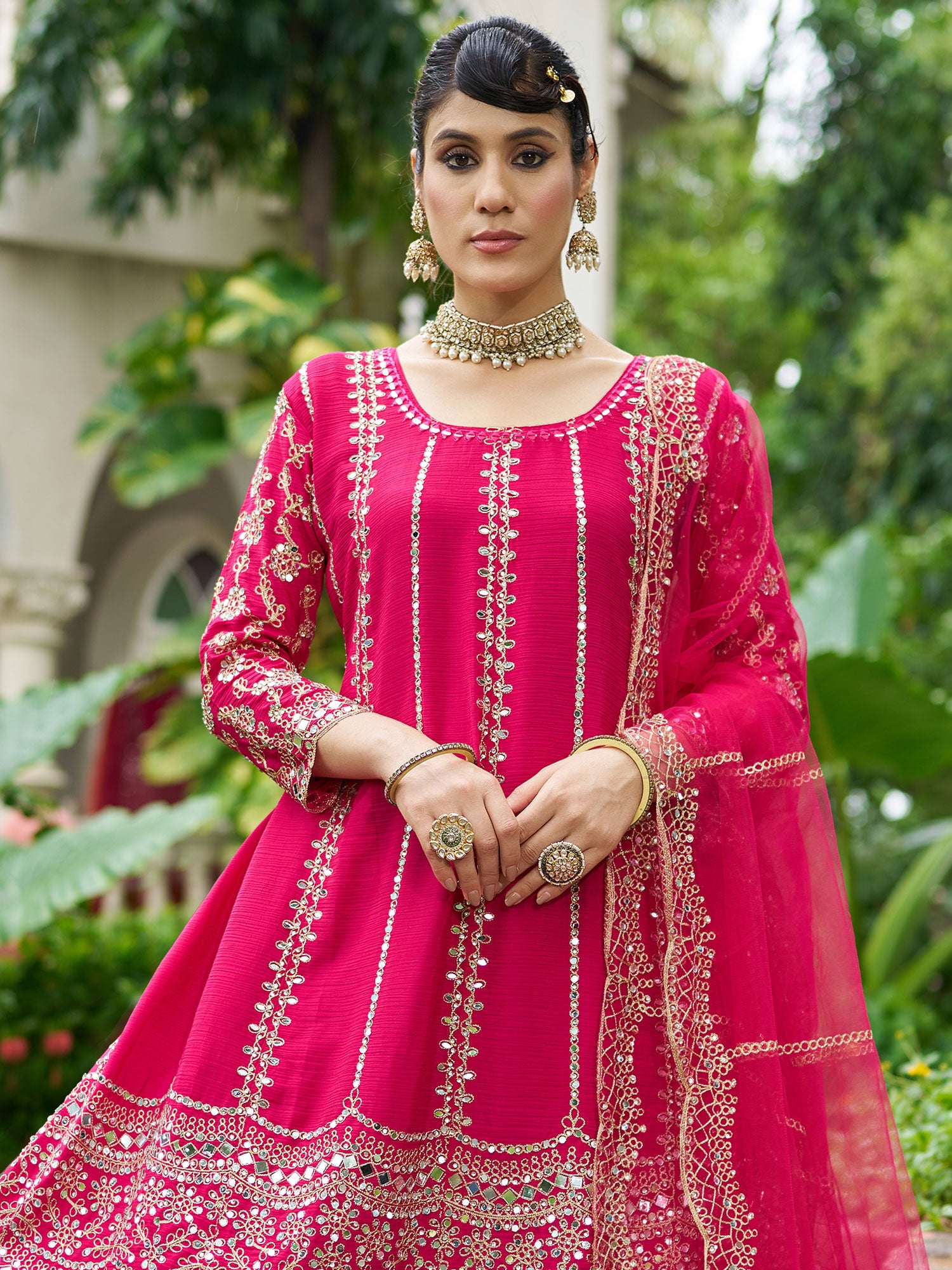 Rani Pink Mirror Embellised Silk Salwar Suit