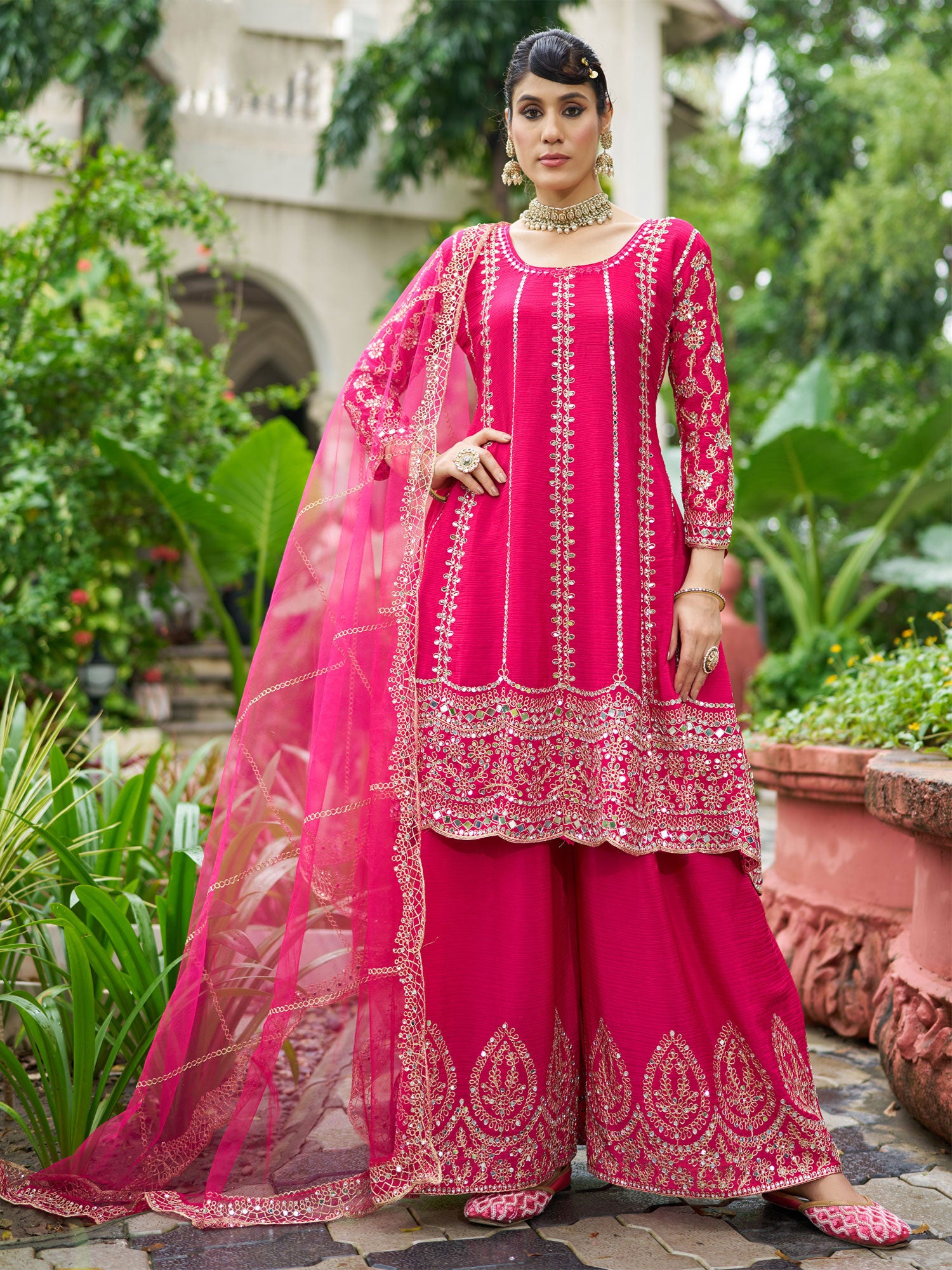 Rani Pink Mirror Embellised Silk Salwar Suit