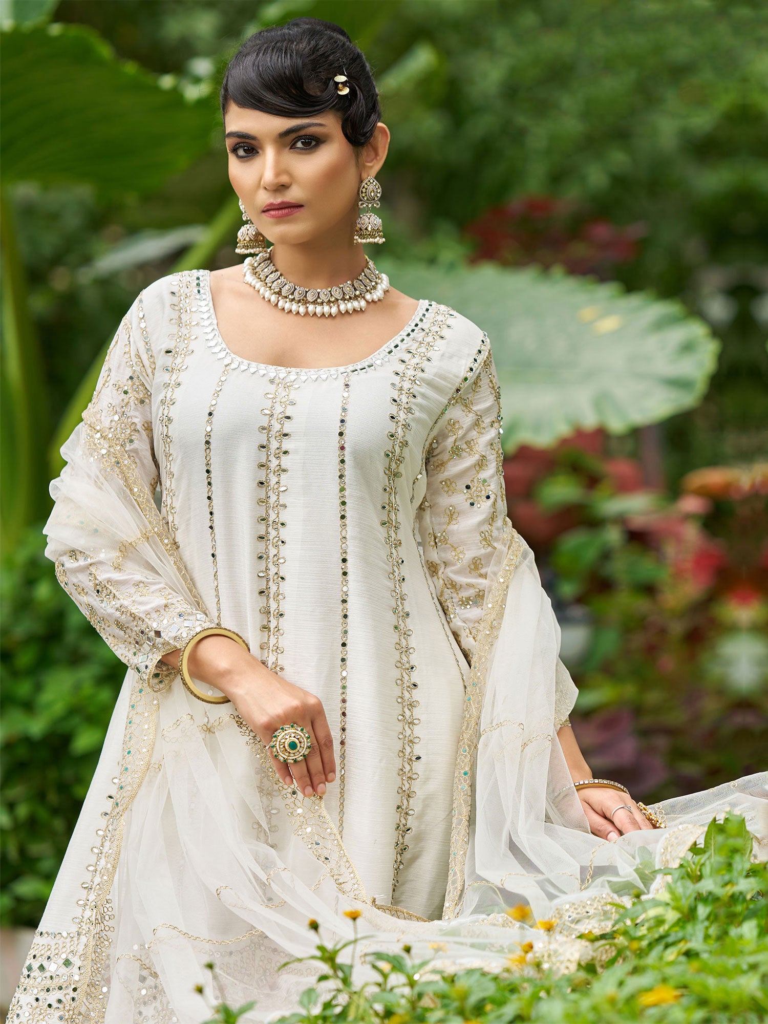 White Pakistani Salwar Suit With Flare Kameez
