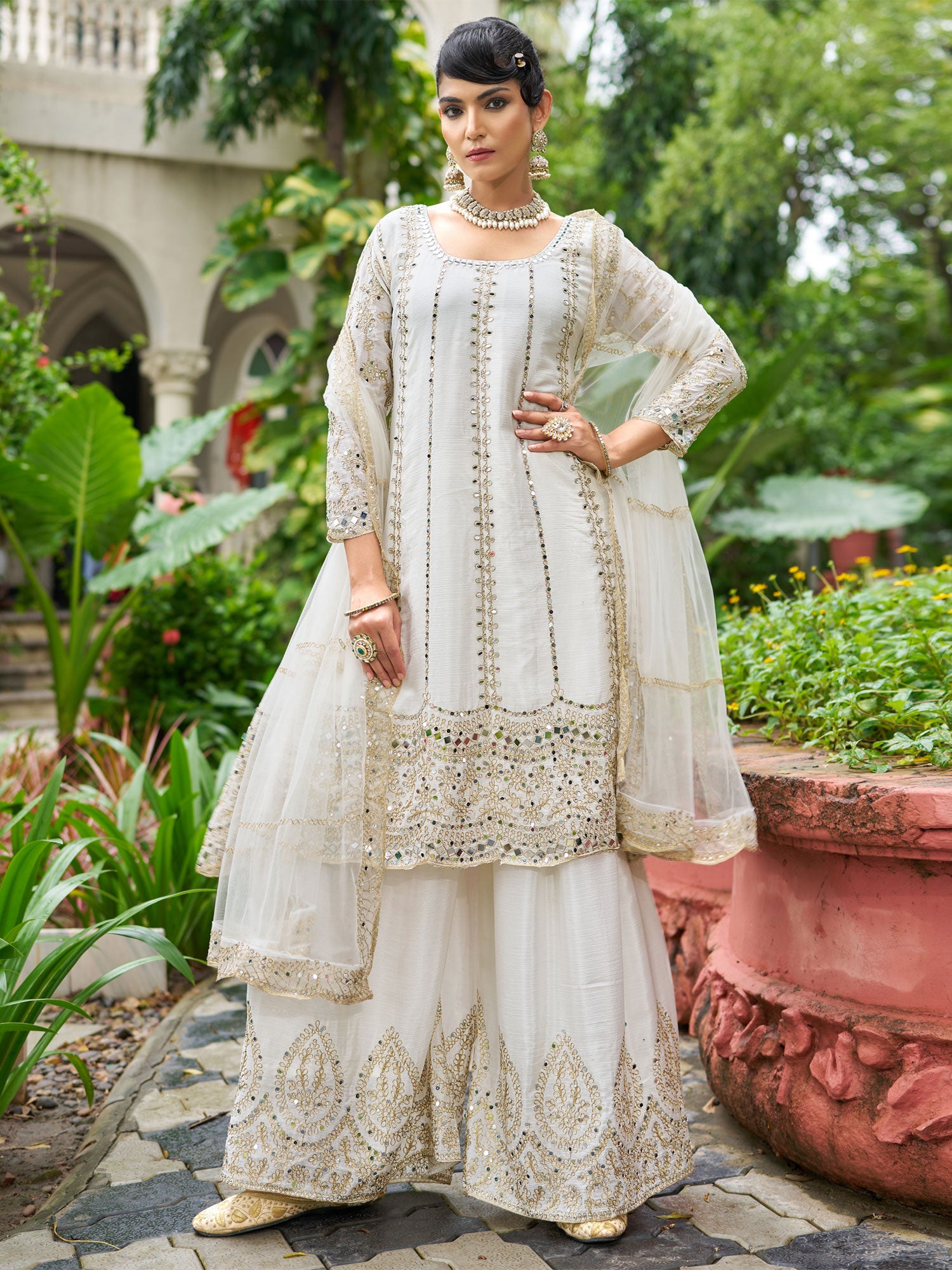 White Pakistani Salwar Suit With Flare Kameez