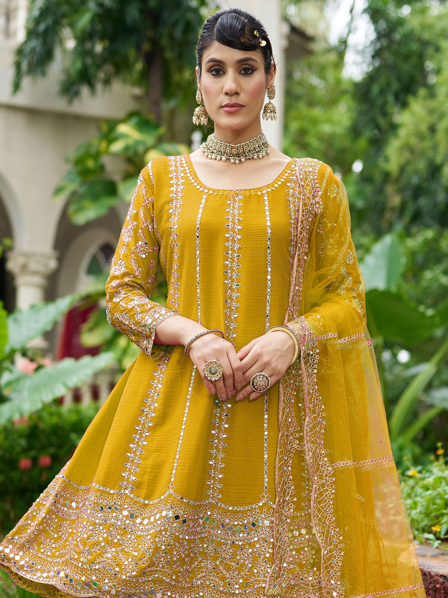 Yellow Embroidered Salwar Suit In Palazzo Style