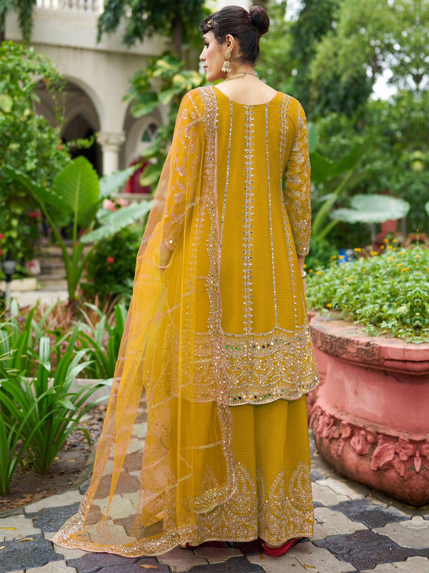 Yellow Embroidered Salwar Suit In Palazzo Style
