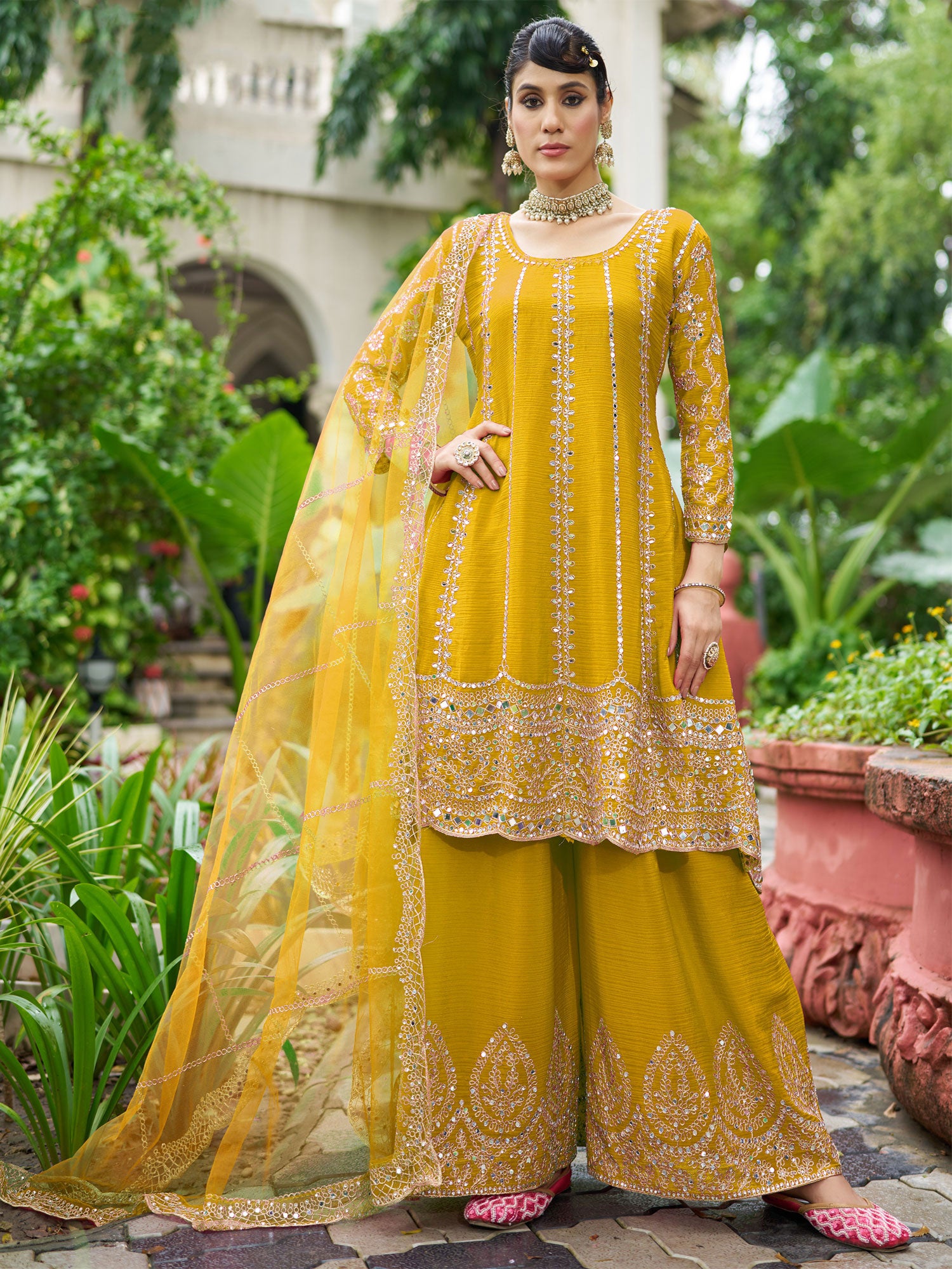 Yellow Embroidered Salwar Suit In Palazzo Style