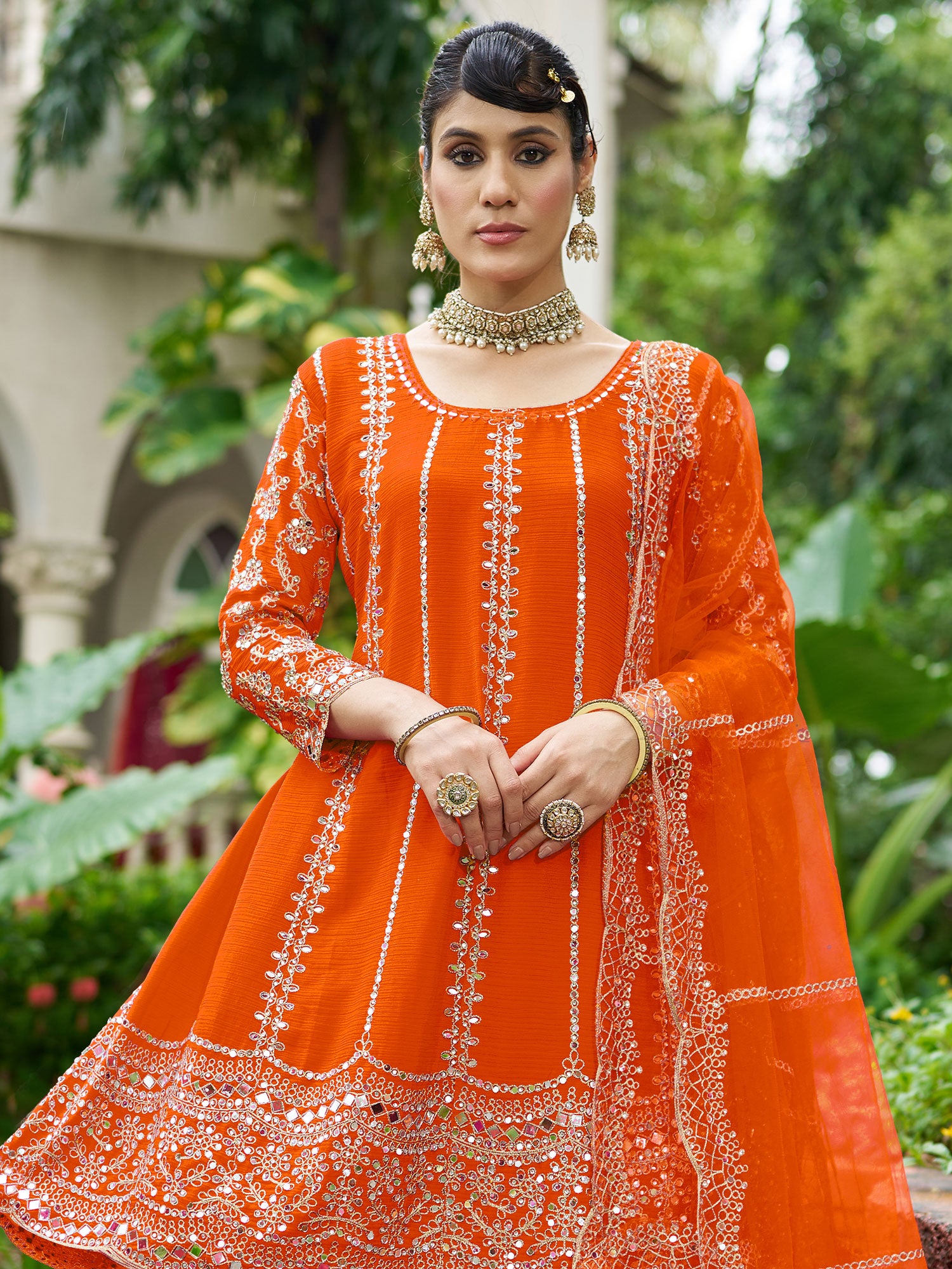 Bright Orange Pakistani Style Salwa Suit In Silk