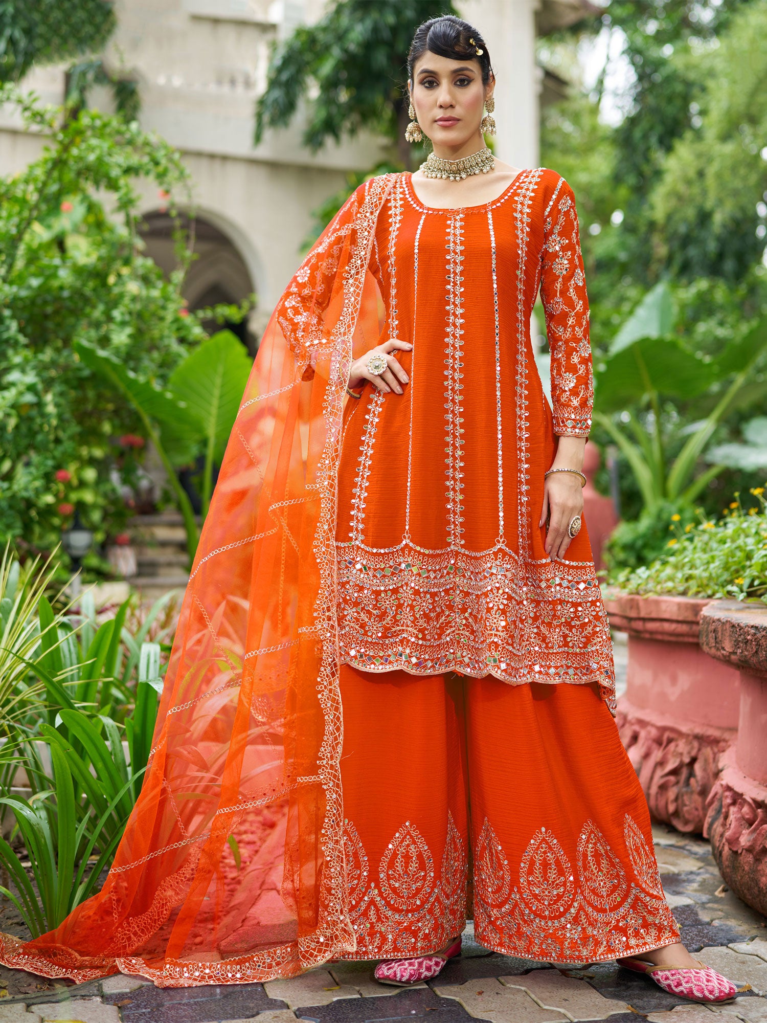 Bright Orange Pakistani Style Salwa Suit In Silk