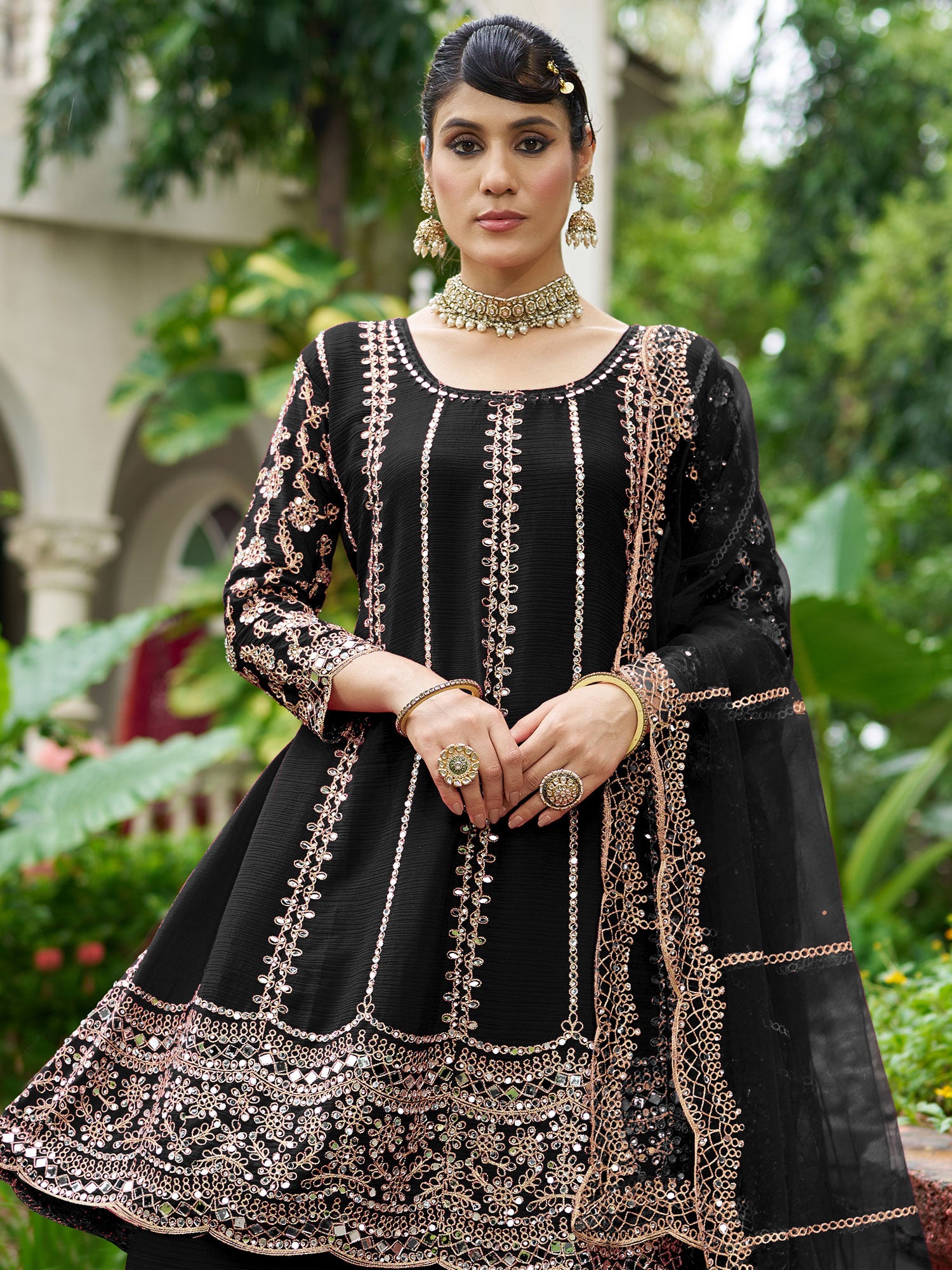 Black Silk Salwar Suit With Mirror Embellishments