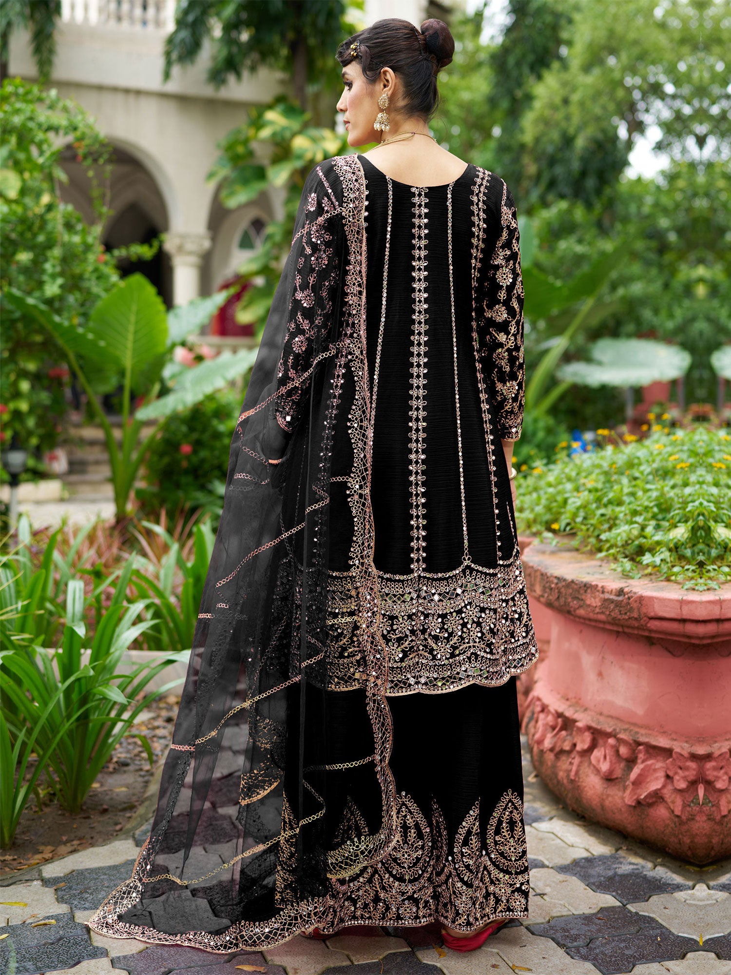 Black Silk Salwar Suit With Mirror Embellishments