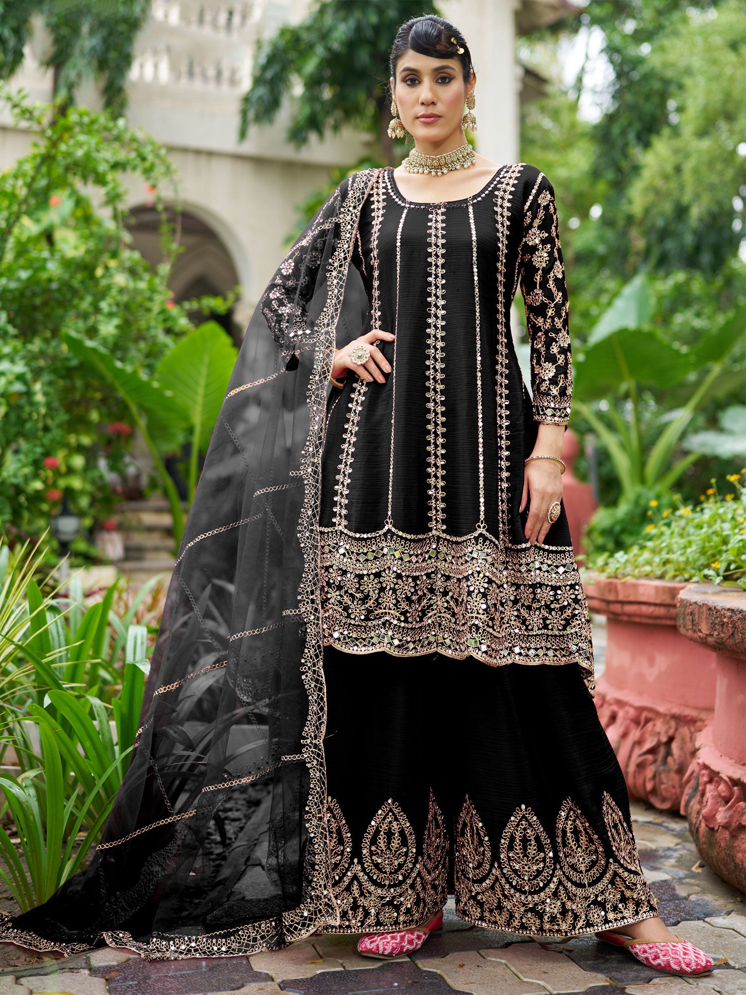 Black Silk Salwar Suit With Mirror Embellishments