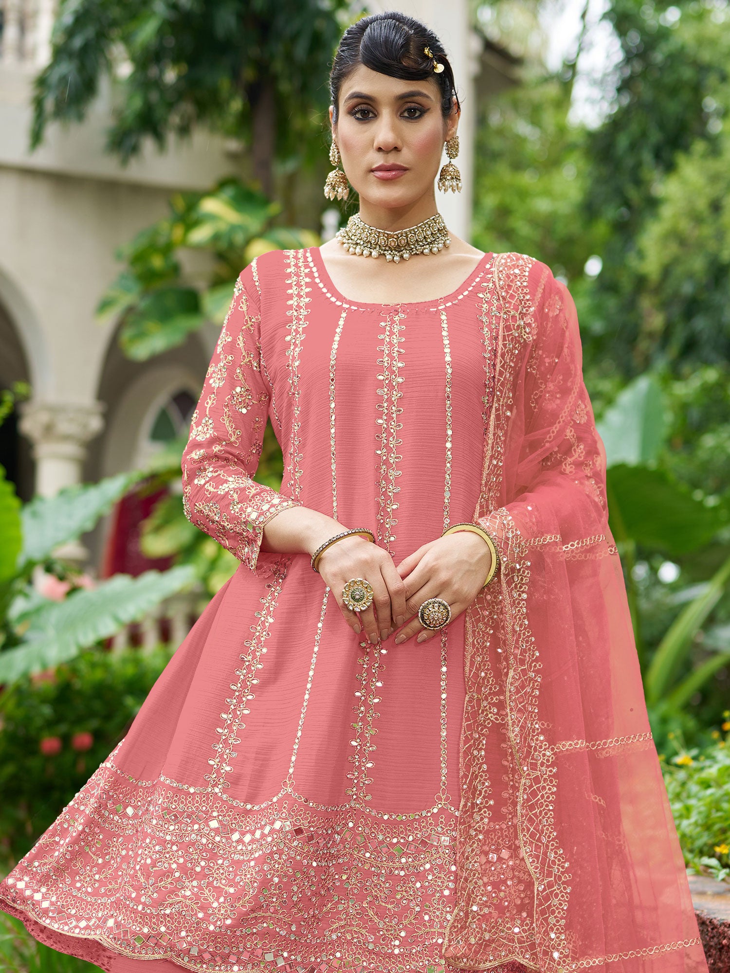 Pink Embroidered Salwar Suit With Net Dupatta