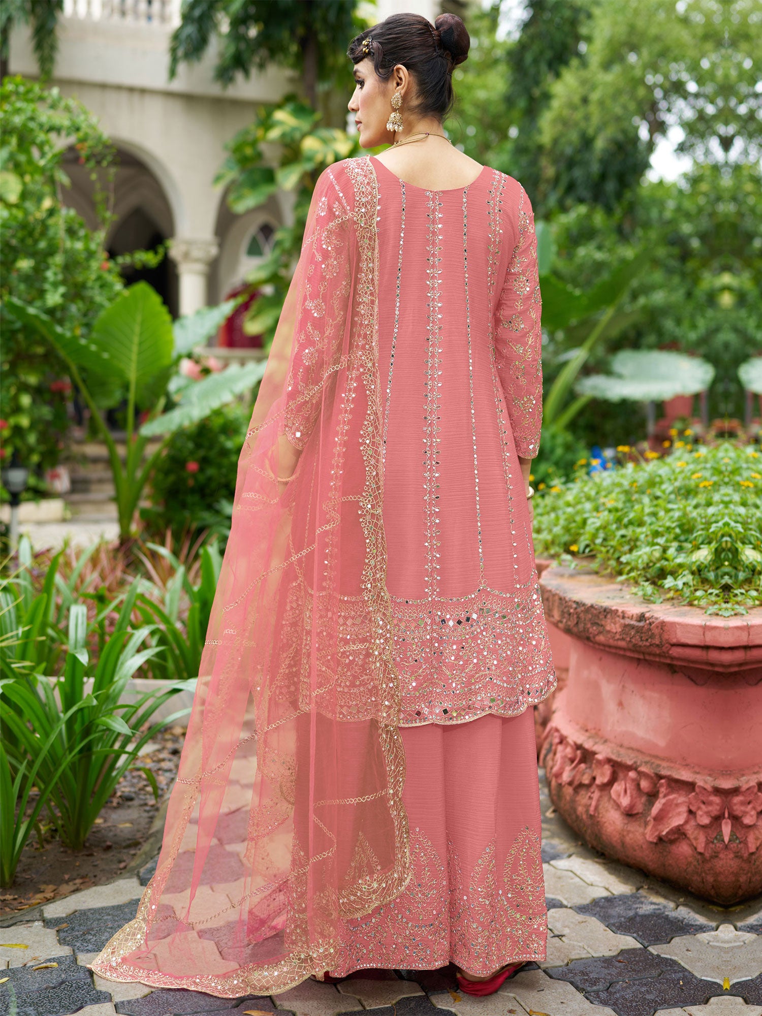 Pink Embroidered Salwar Suit With Net Dupatta