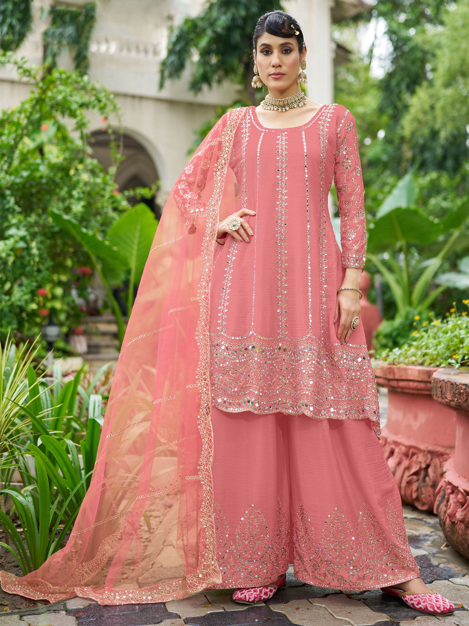 Pink Embroidered Salwar Suit With Net Dupatta
