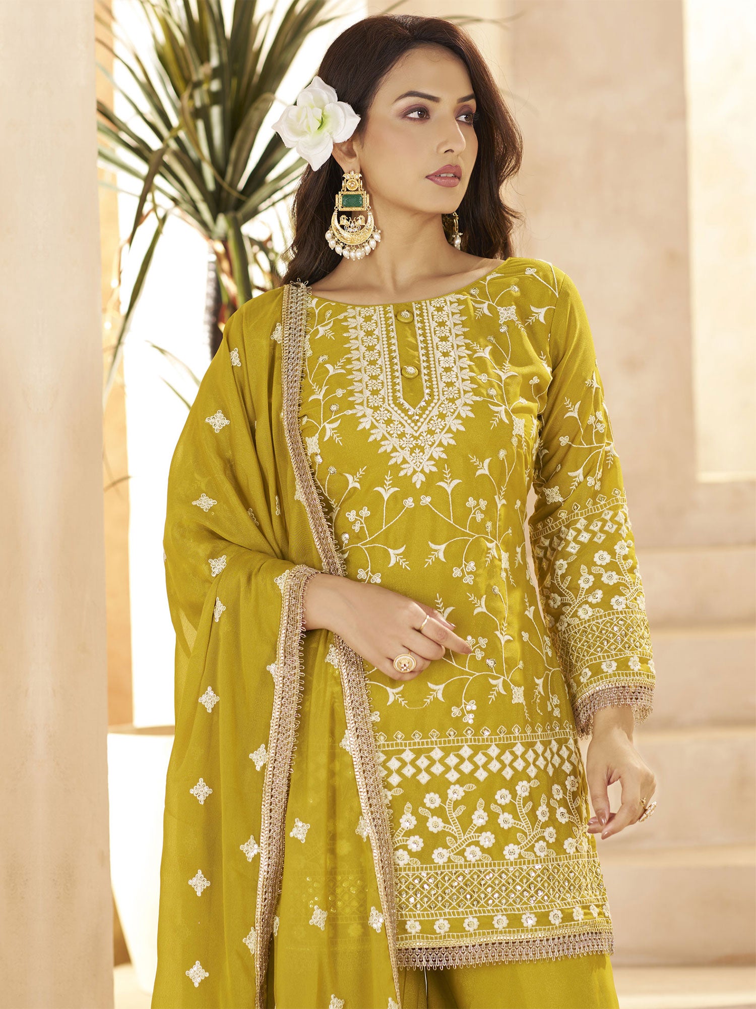 Yelow Floral Work Augmented Palazzo Suit