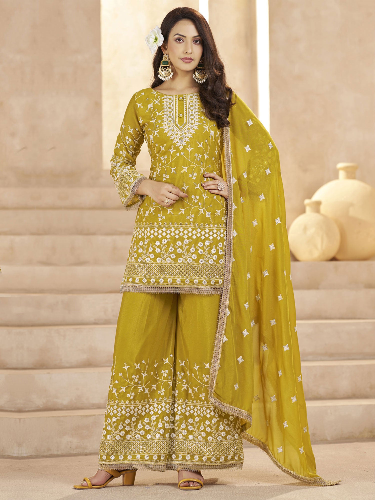 Yelow Floral Work Augmented Palazzo Suit