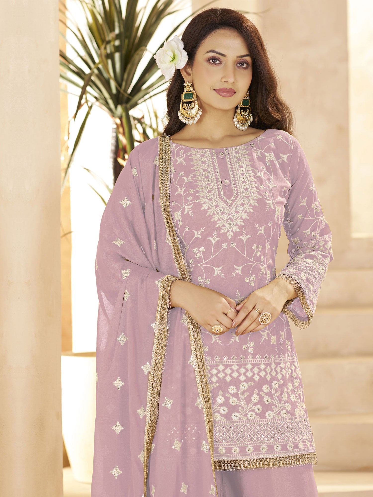 Lilac Embroidered Salwar Suit In Georgette