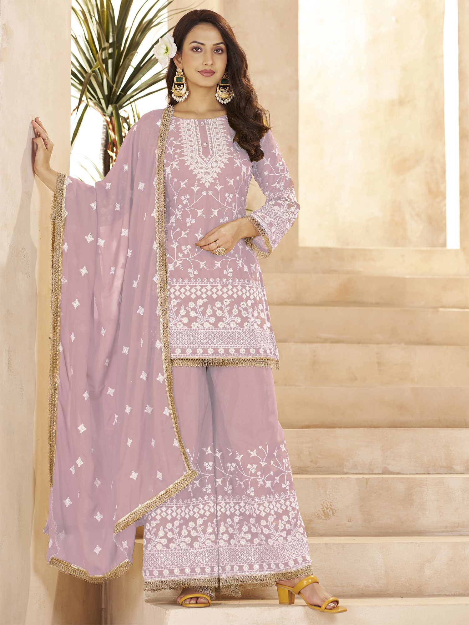 Lilac Embroidered Salwar Suit In Georgette