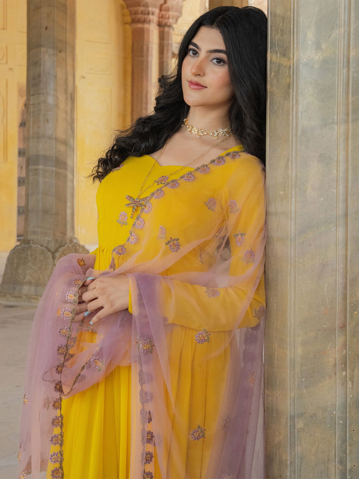 Yelow Sequins Work Readymade Anarkali Suit