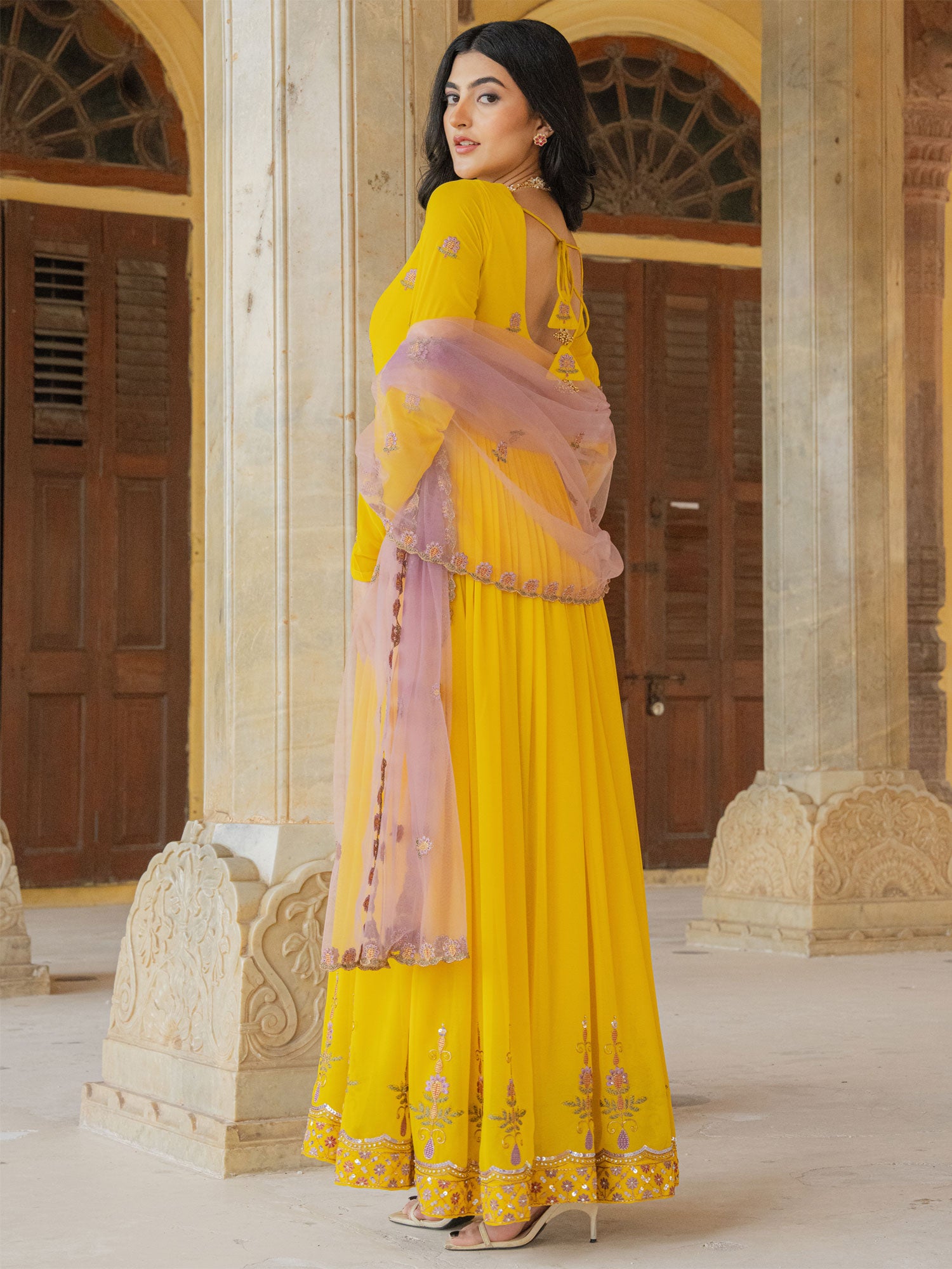 Yelow Sequins Work Readymade Anarkali Suit