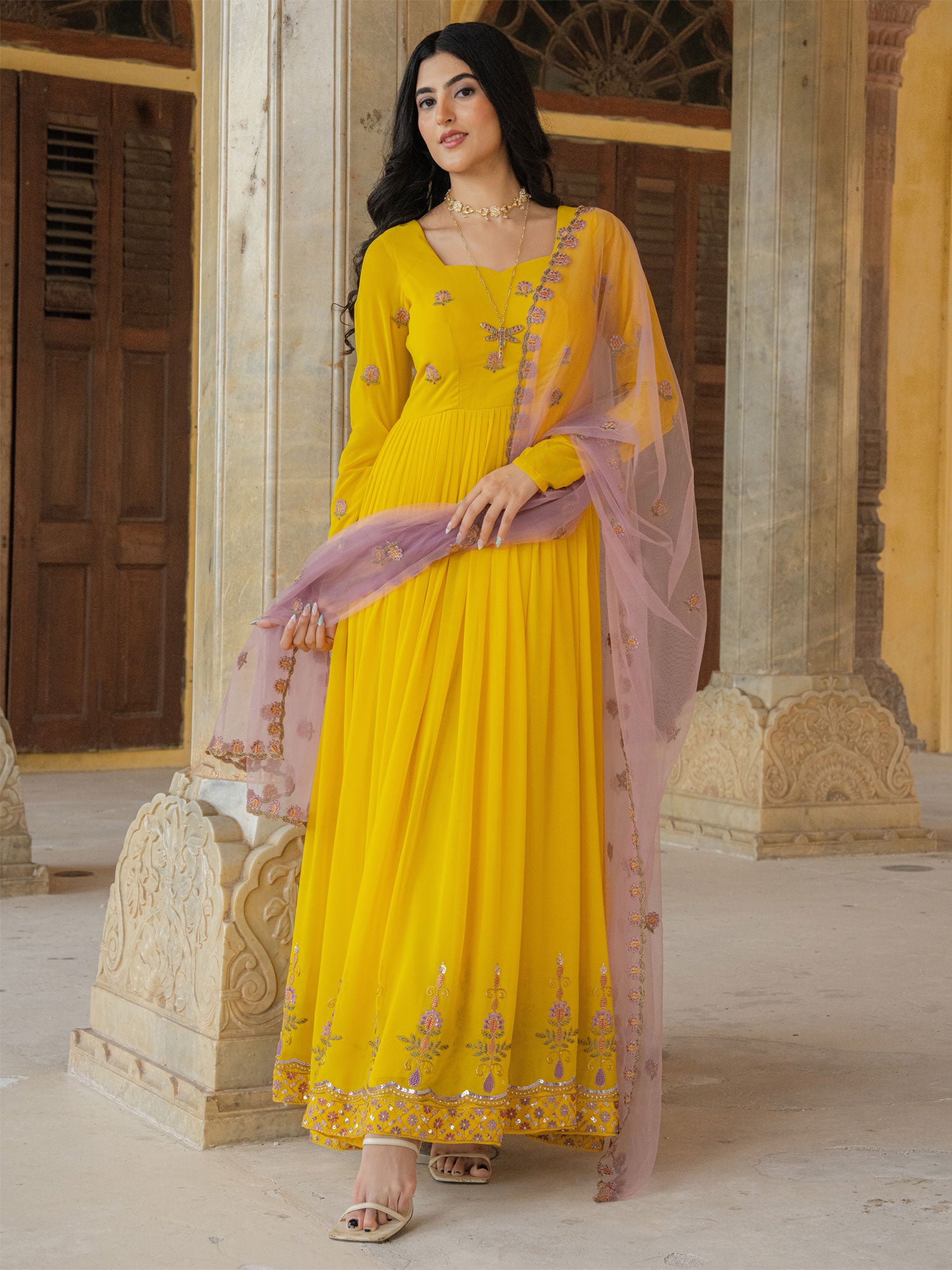 Yelow Sequins Work Readymade Anarkali Suit