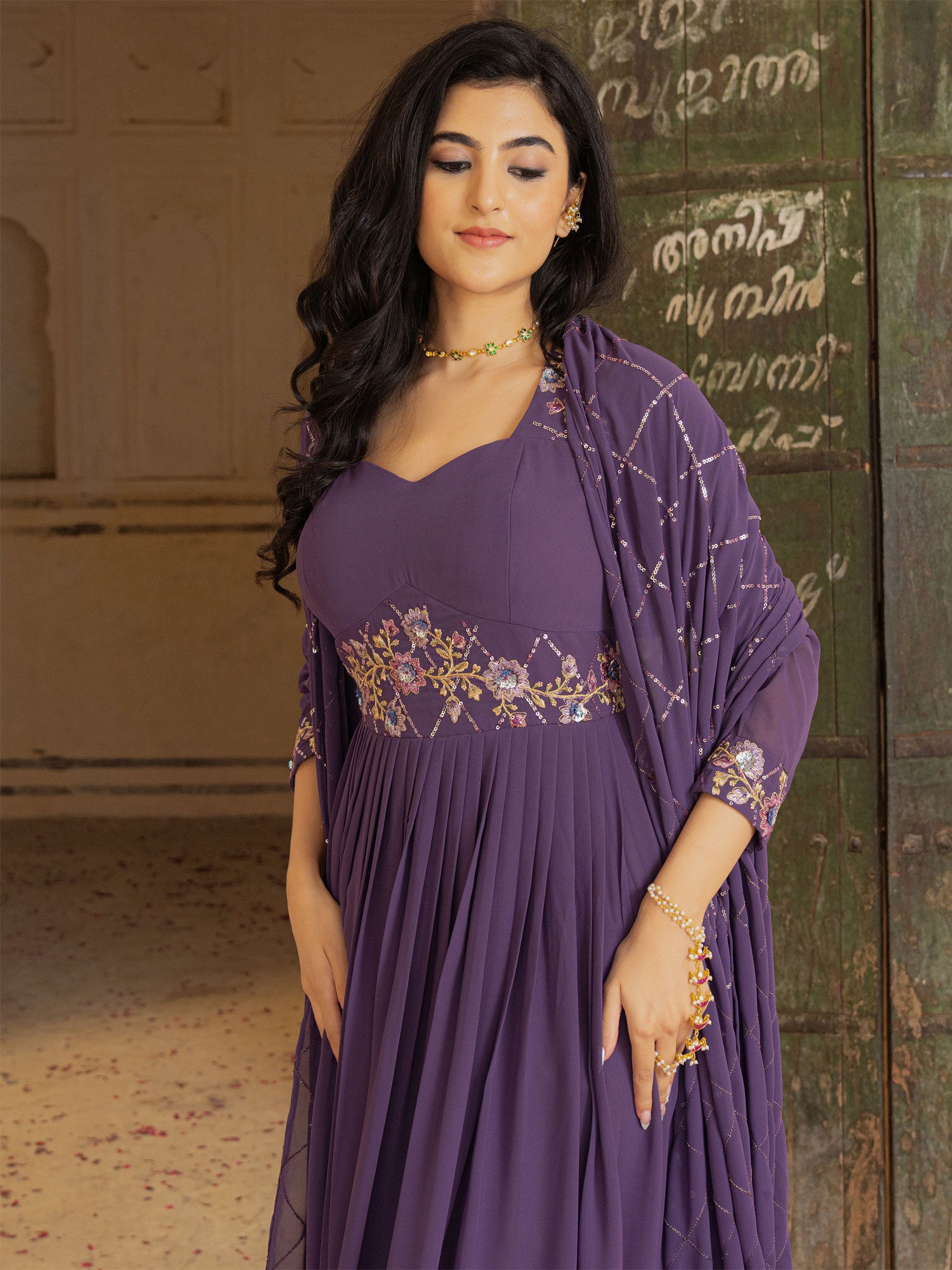 Purple Georgette Salwar Suit In Floral Work