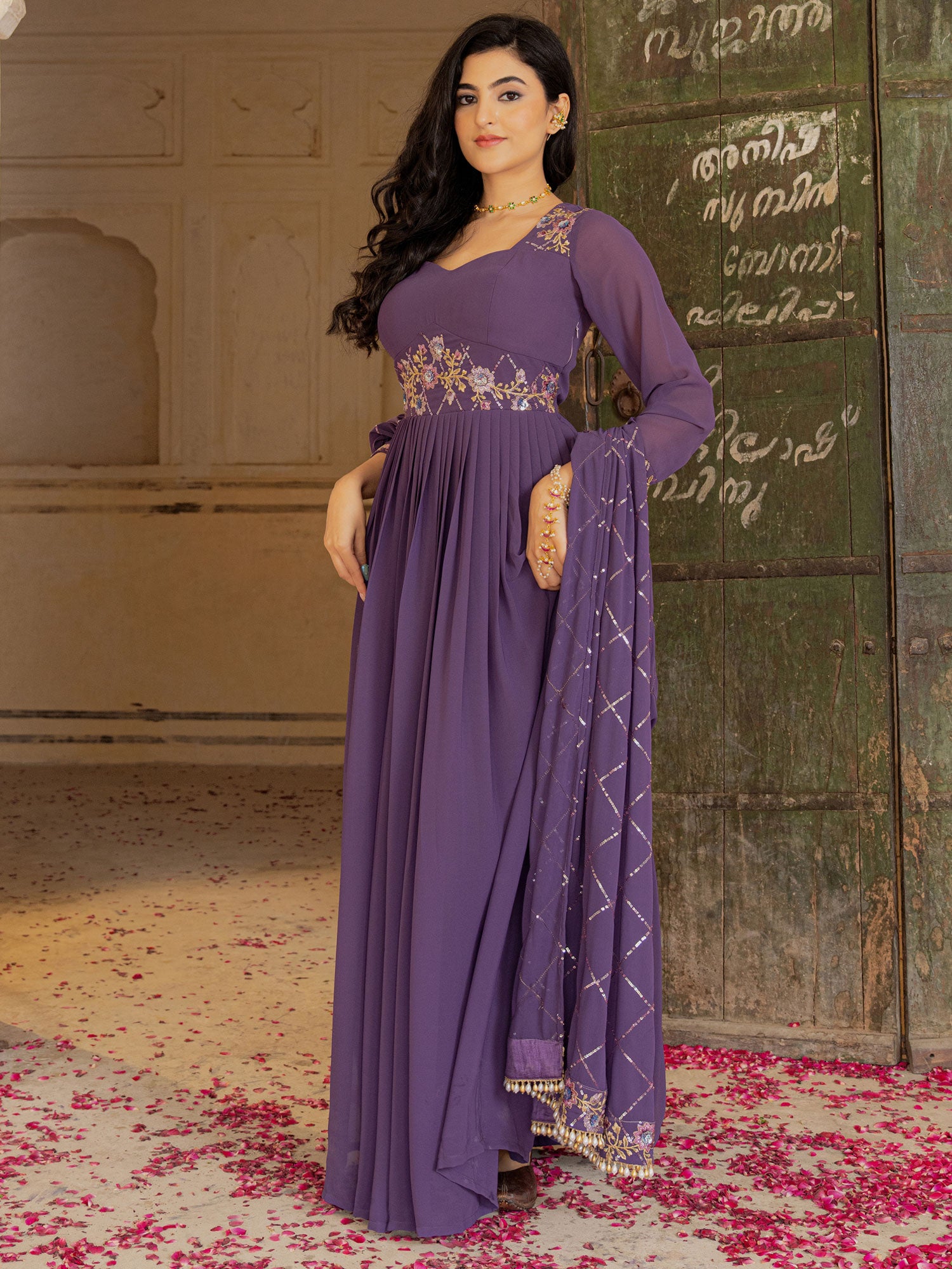 Purple Georgette Salwar Suit In Floral Work