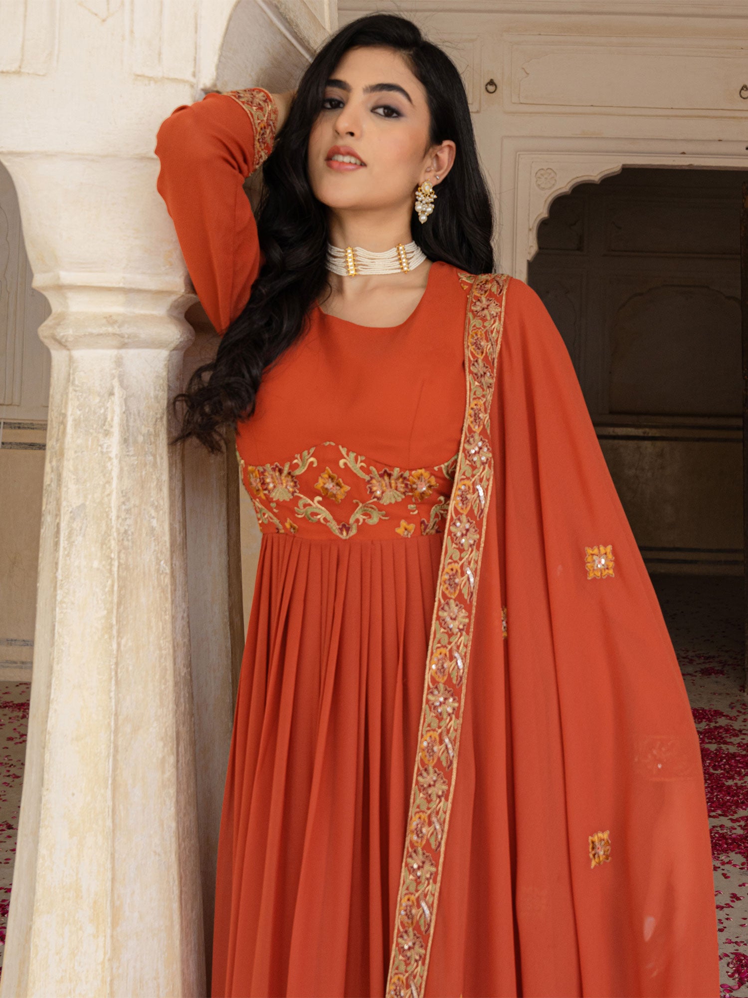 Dark Orange Anarkali Suit Set In Georgette