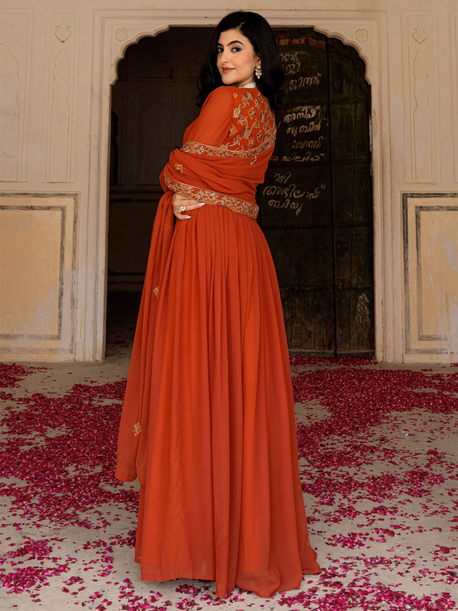 Dark Orange Anarkali Suit Set In Georgette