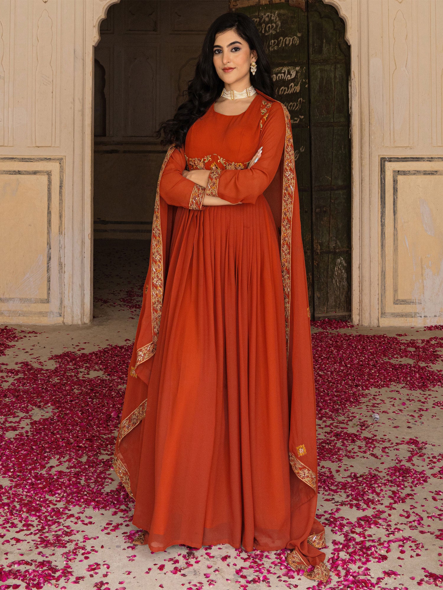 Dark Orange Anarkali Suit Set In Georgette