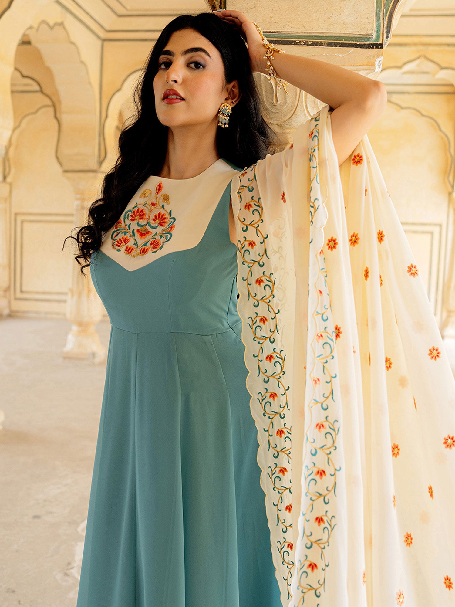 Blue Floral Thread Georgette Anarkali Suit