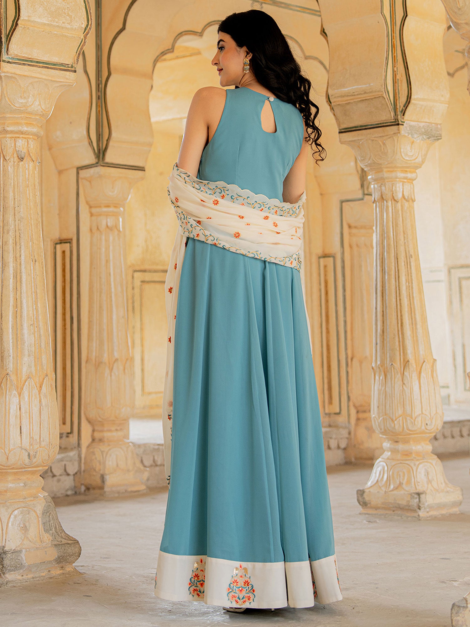 Blue Floral Thread Georgette Anarkali Suit