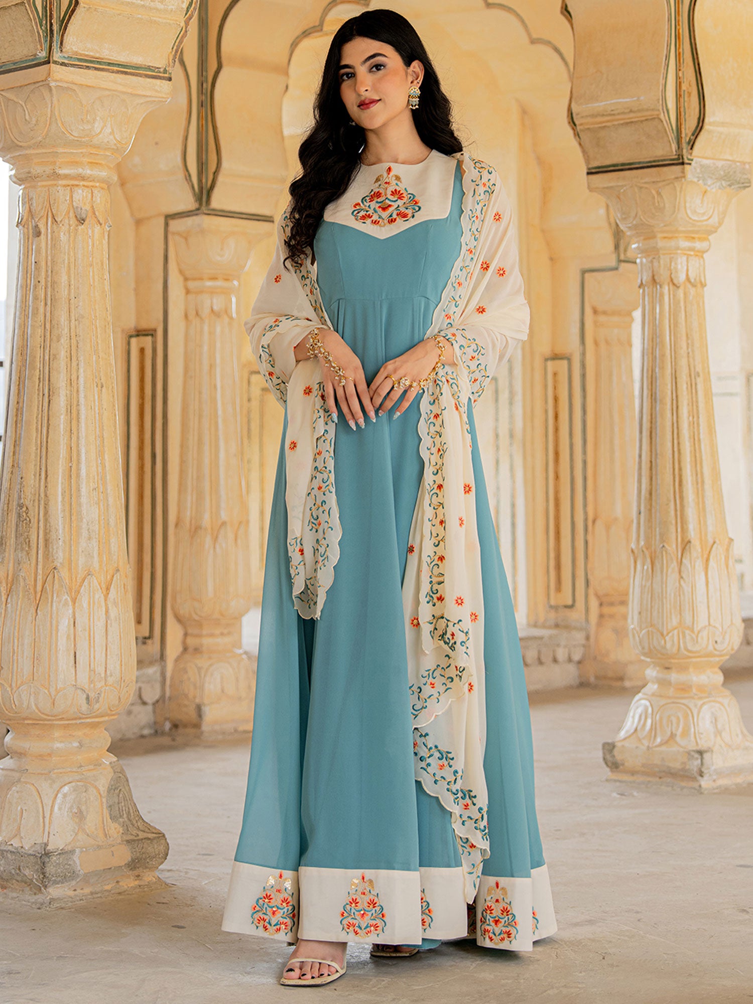 Blue Floral Thread Georgette Anarkali Suit