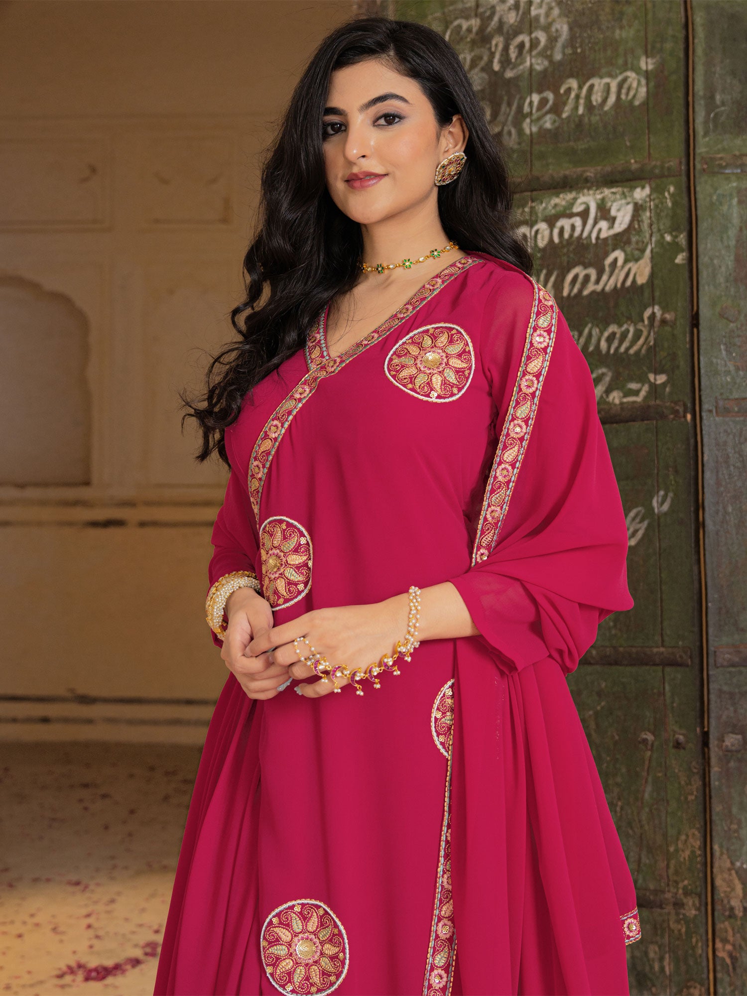 Rani Pink Full Sleeved Anarkali Style Suit