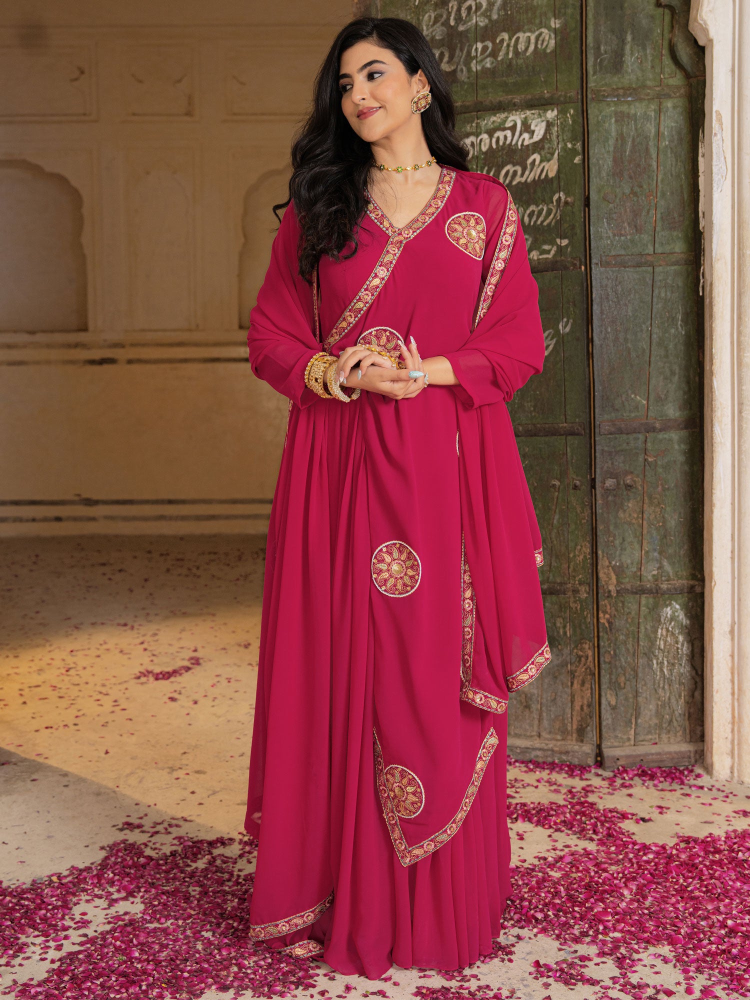Rani Pink Full Sleeved Anarkali Style Suit