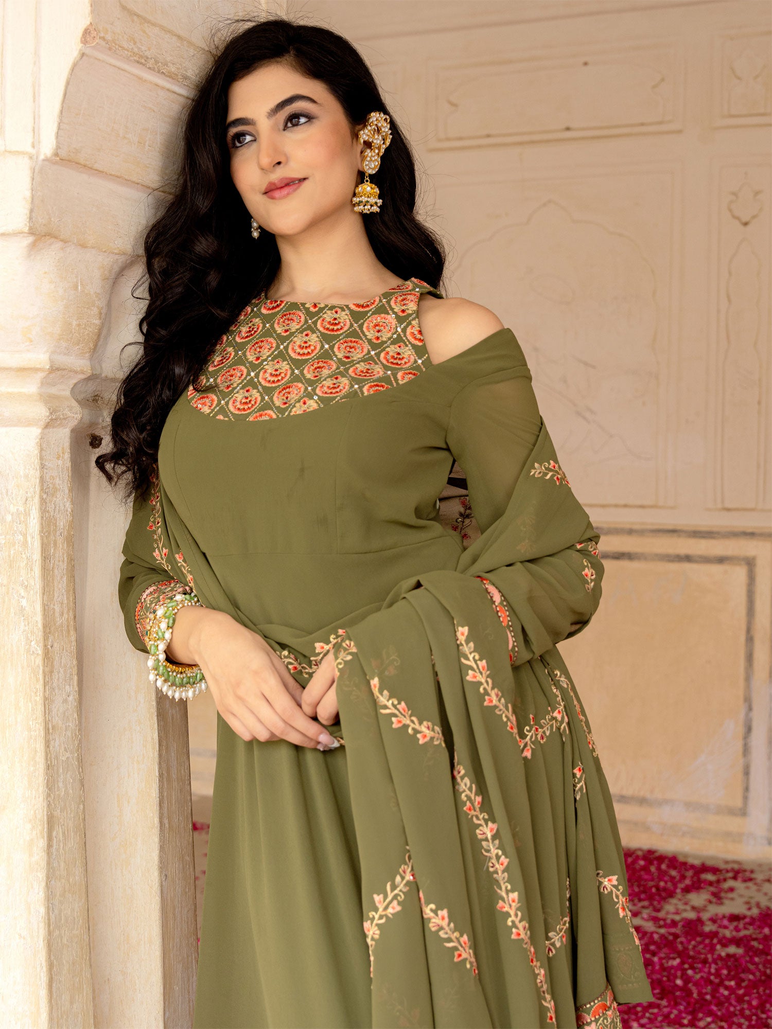 Olive Green Thread Work Anarkali Suit