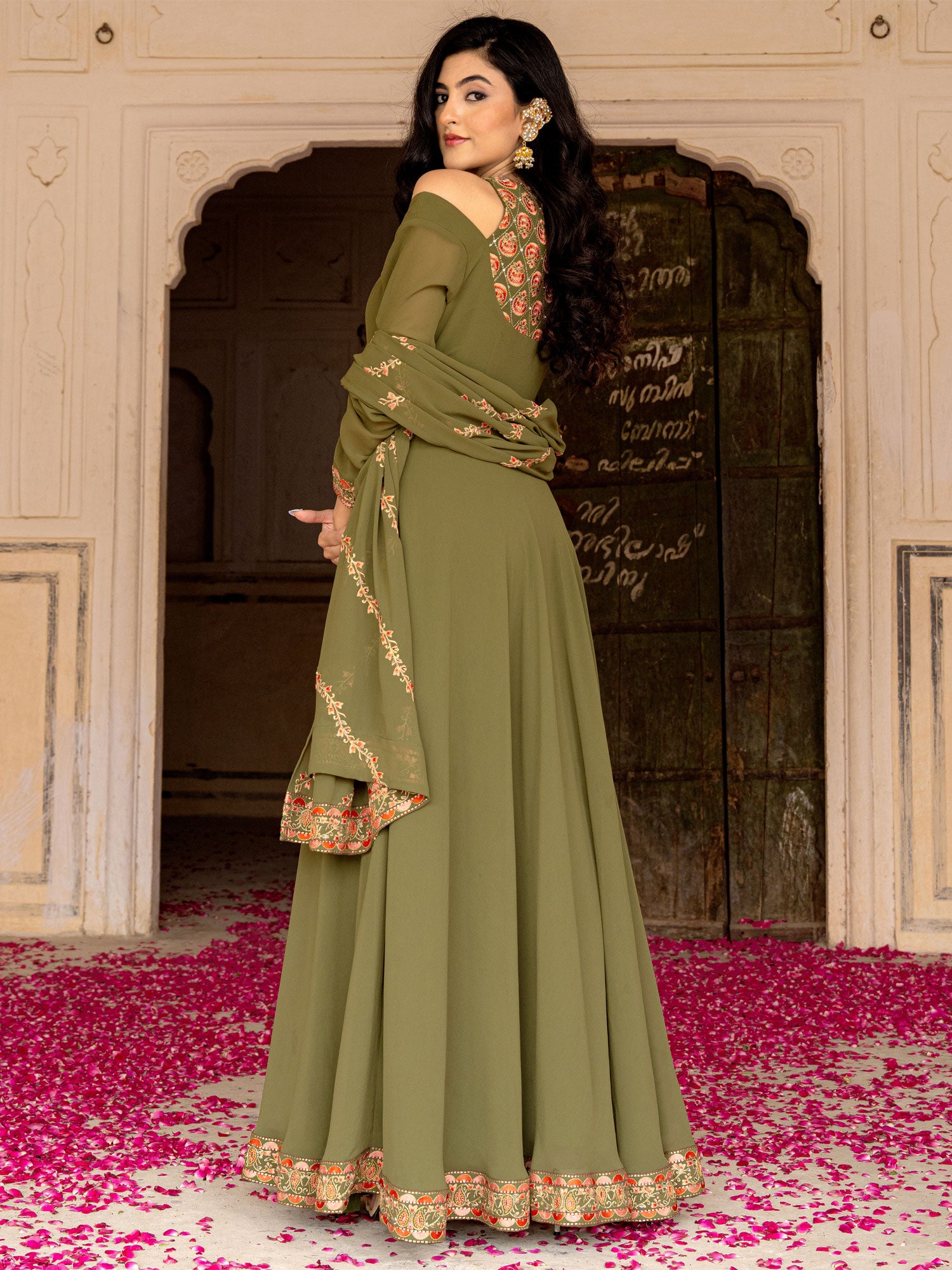 Olive Green Thread Work Anarkali Suit