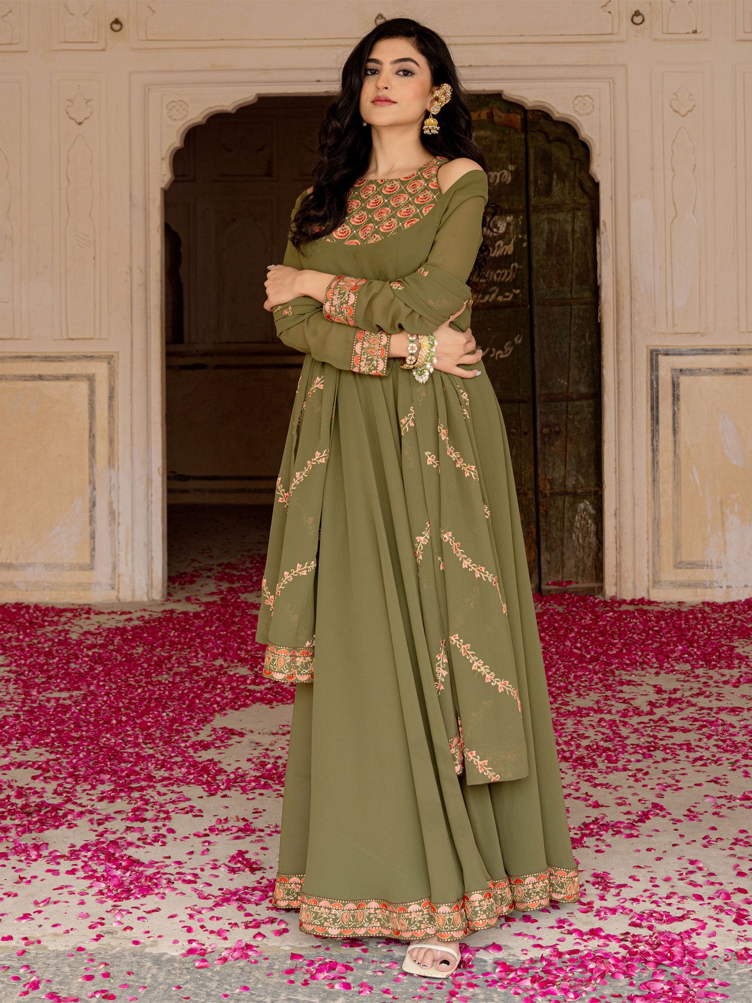 Olive Green Thread Work Anarkali Suit