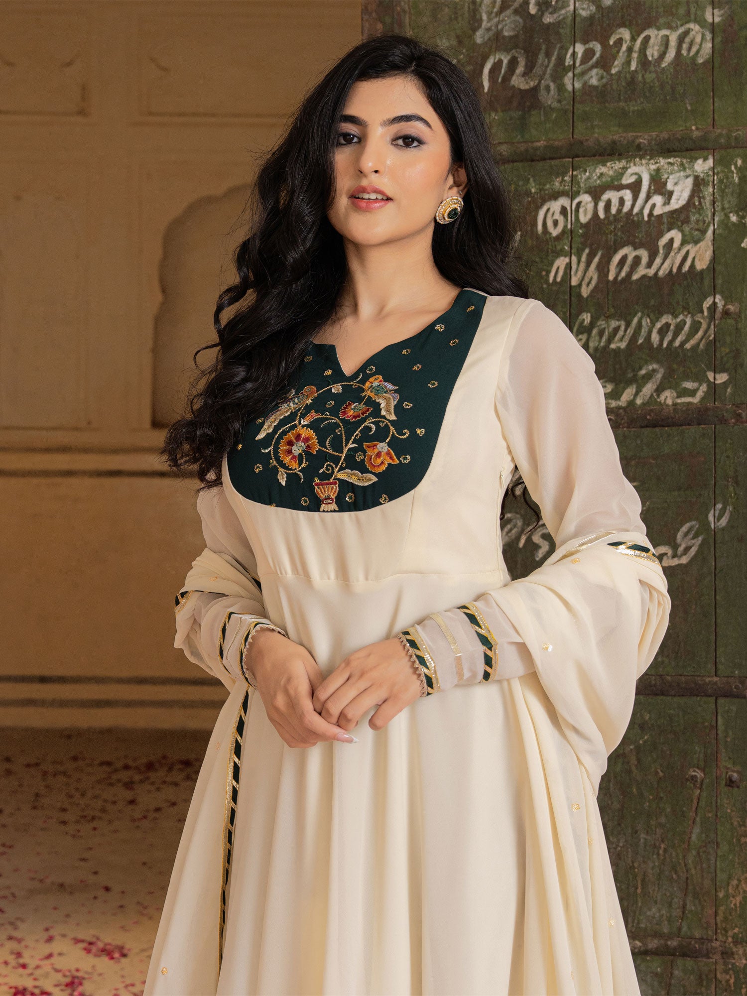 White Full Sleeved Readymade Anarkali Style Suit