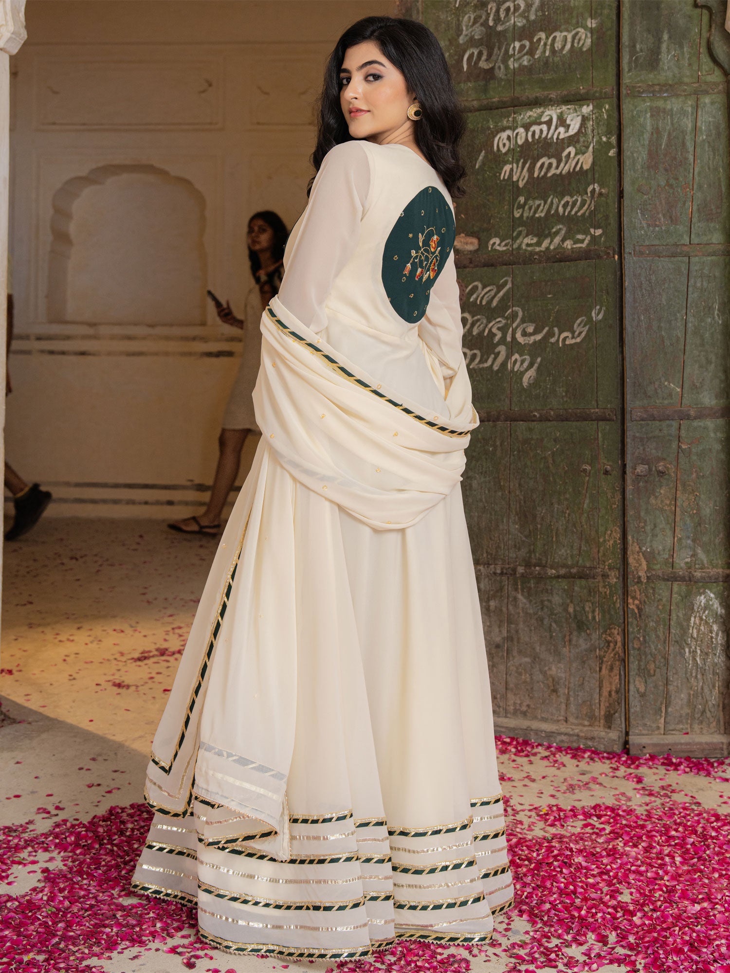 White Full Sleeved Readymade Anarkali Style Suit