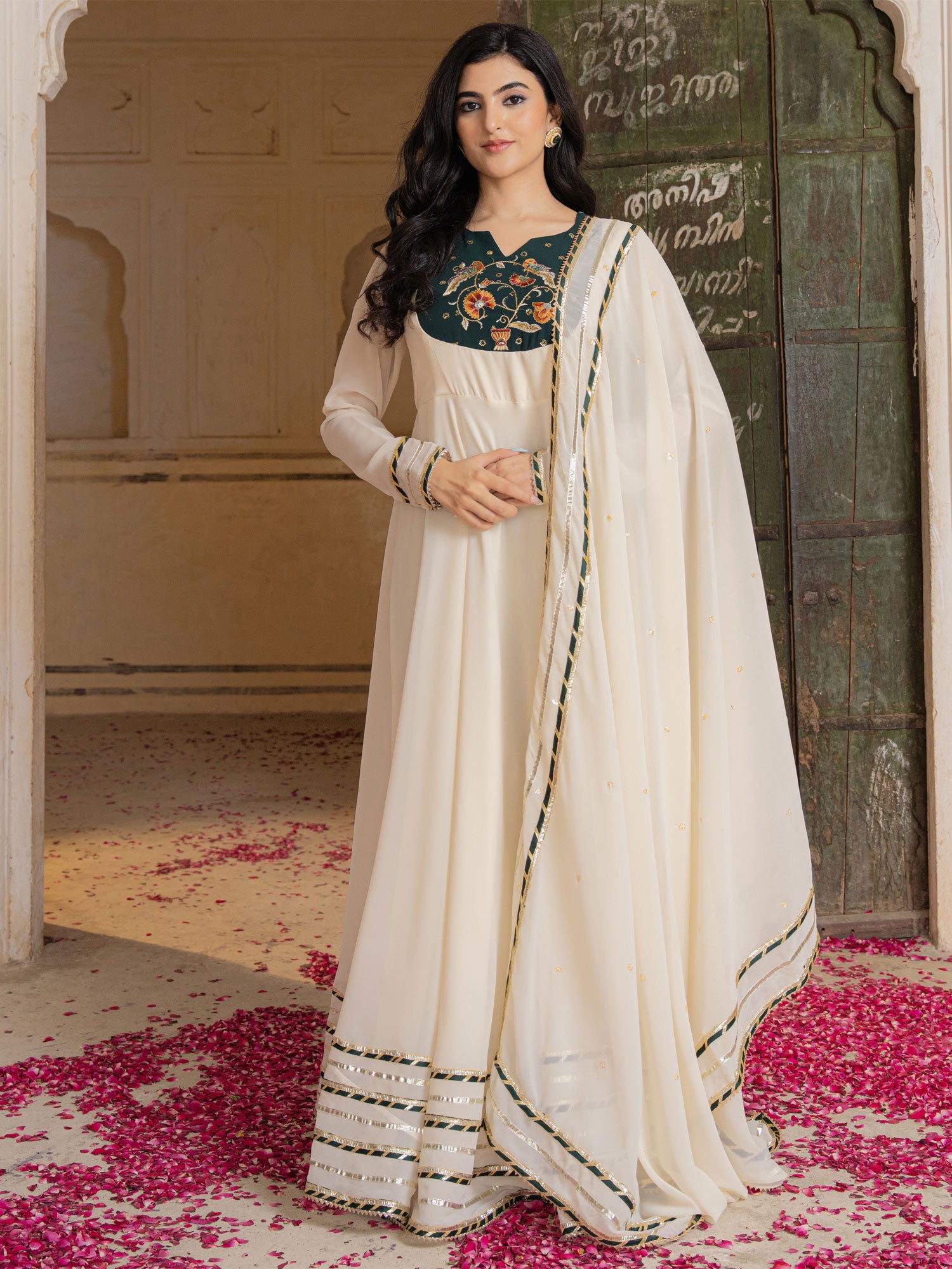 White Full Sleeved Readymade Anarkali Style Suit