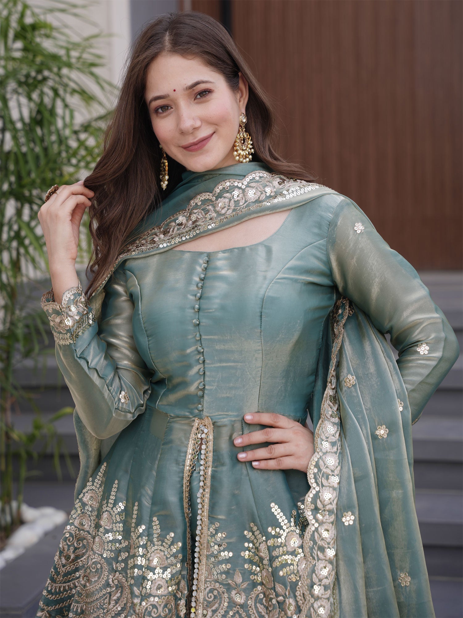 Blue Mirror Work Augmented Palazzo Suit